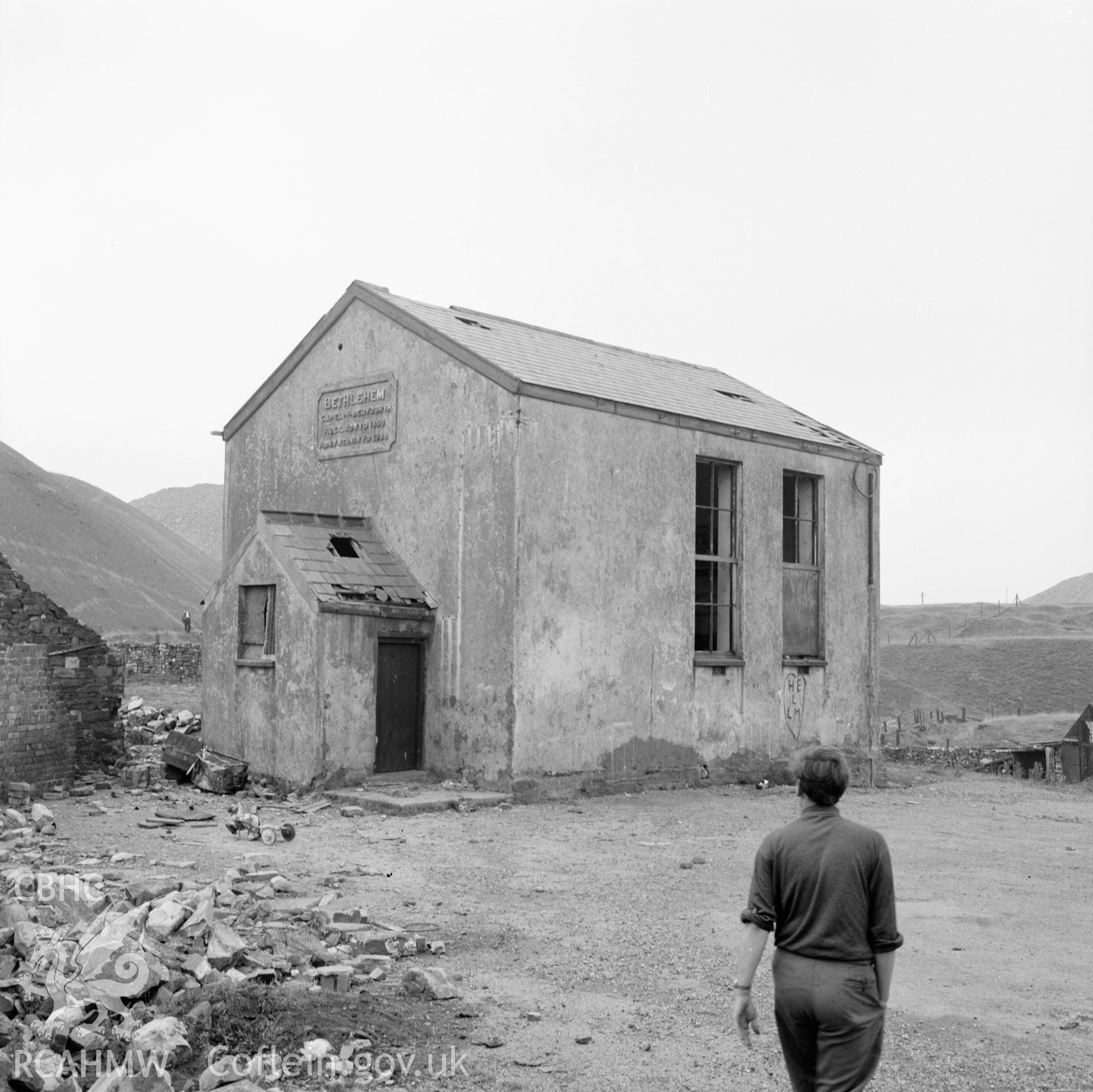 Digital copy of a black and white negative showing exterior view of Capel Bethlehem, Capel-y-bedyddwyr, taken by Douglas Hague.