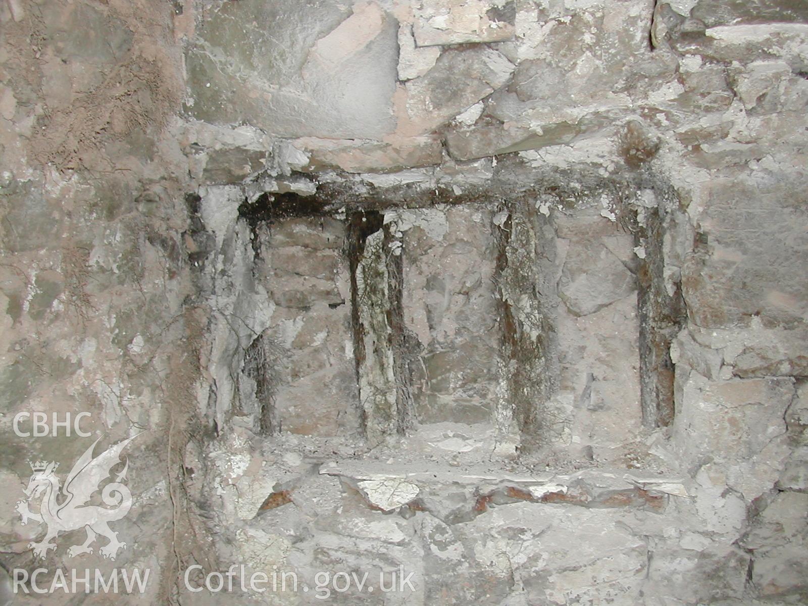 Colour photograph showing detailed interior view of presumed blocked-up window at Rosacre, Gronant, Prestatyn. Unknown date. Donated by the Conservation Department of Flintshire County Council, in advance of relocation to new offices.
