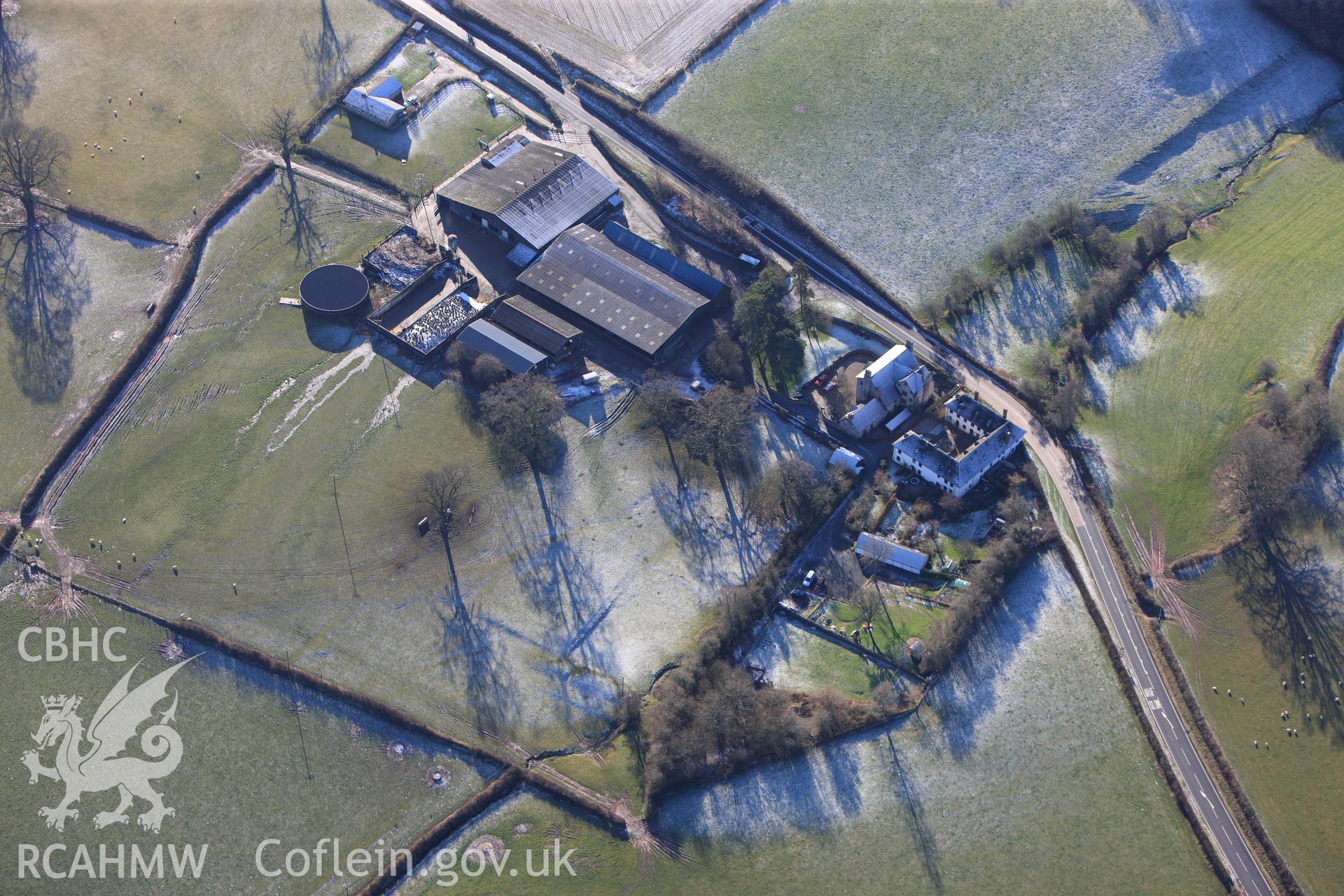 Trebarries mansion with its associated gardens and stable block, north west of Talgarth, Breconshire. Oblique aerial photograph taken during the Royal Commission?s programme of archaeological aerial reconnaissance by Toby Driver on 15th January 2013.