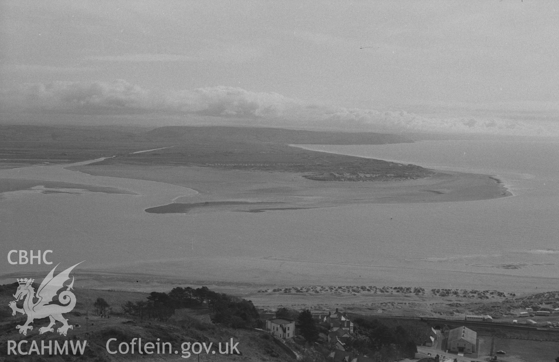 Digital copy of a black and white negative showing view across Dyfi estuary from above Aberdovey. Photographed in April 1964 by Arthur O. Chater from Grid Reference SN 611 964, looking east - south south west.