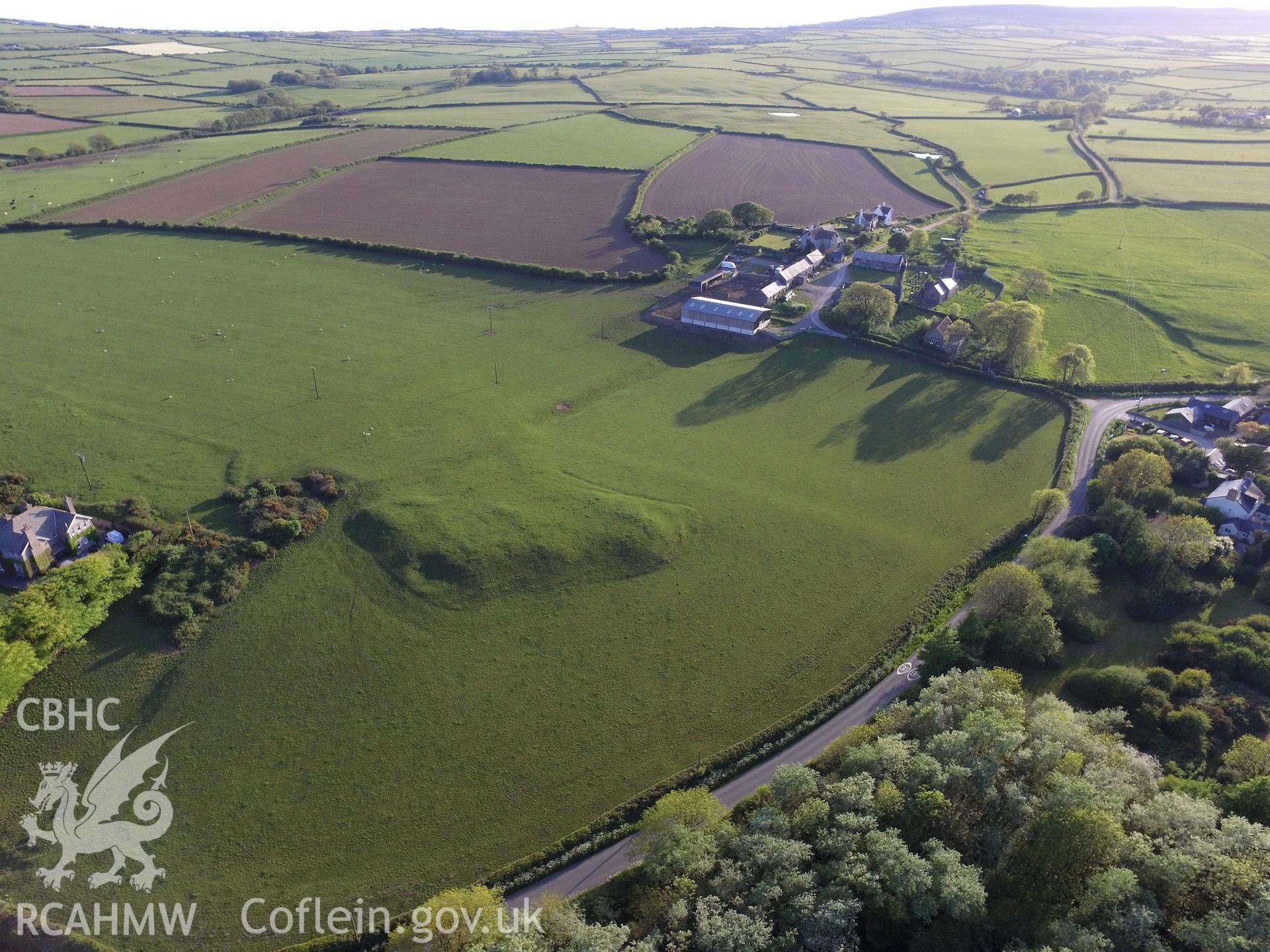 Colour photo showing aerial view of the earthworks north of Llanddewi, taken by Paul R. Davis, 19th May 2018.