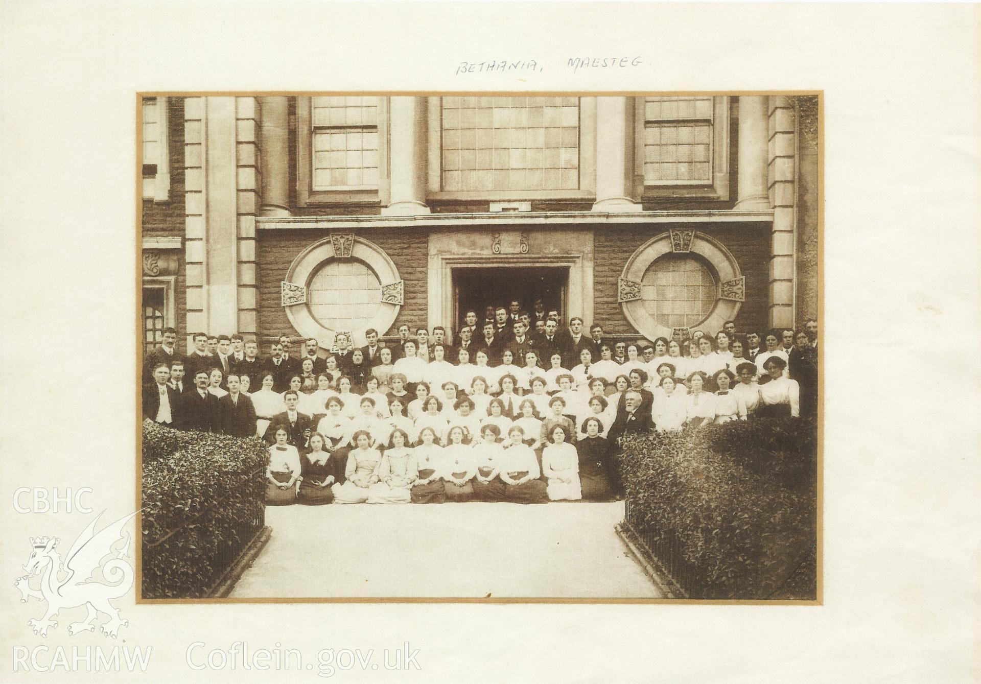 Black and white photograph of the choir outside the front facade of the chapel, 1930. Donated to the RCAHMW by Cyril Philips as part of the Digital Dissent Project.