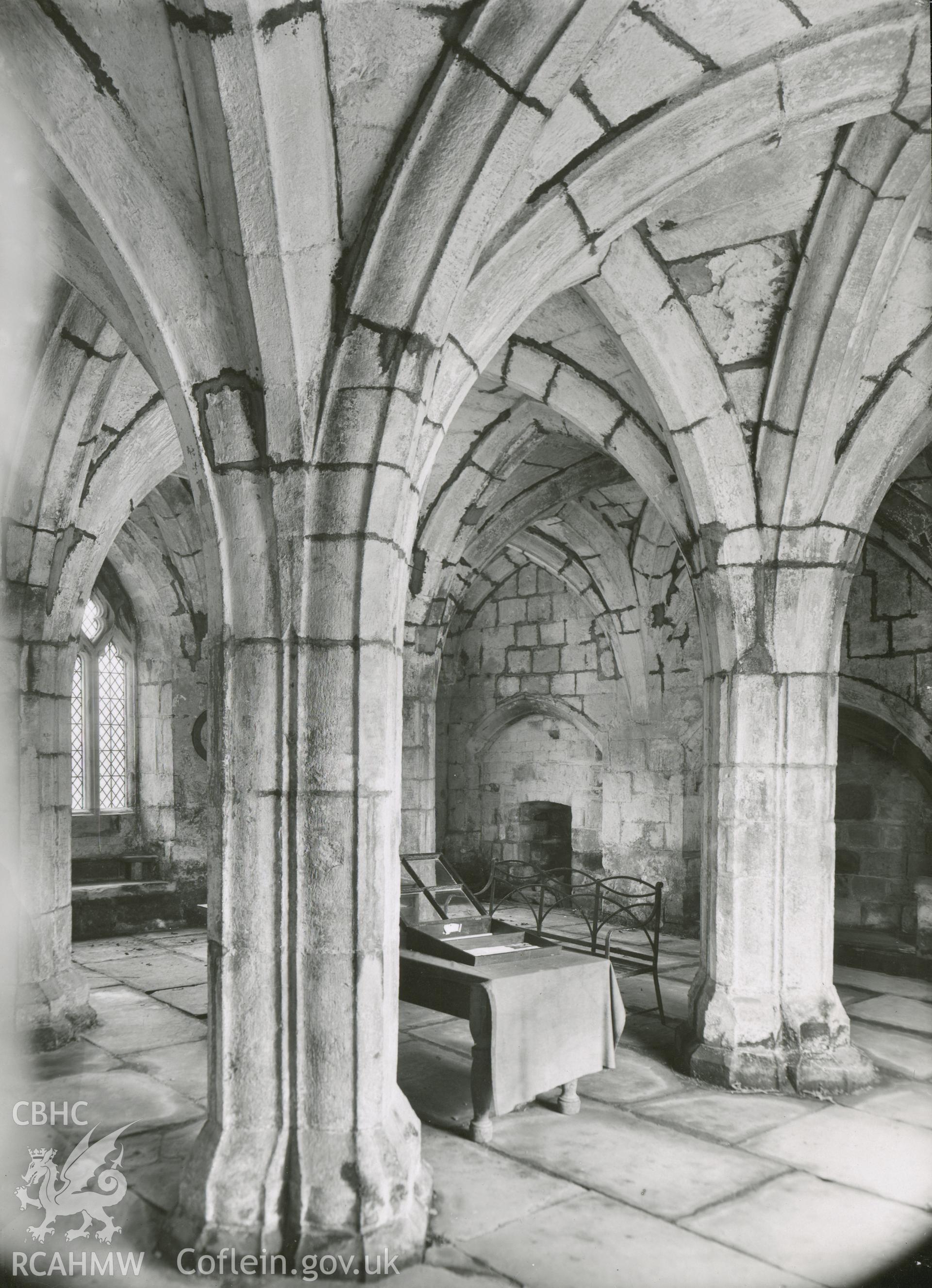 Digitised copy of a black and white photograph showing Chapter House at Valle Crucis Abbey taken by F.H. Crossley, 1948. Negative held by NMR England.
