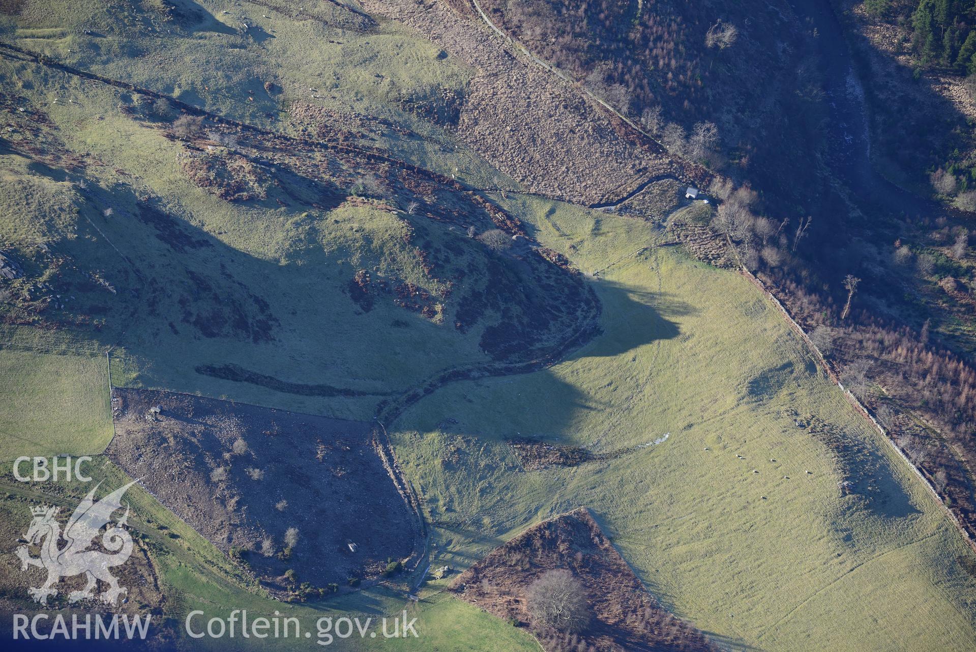 Post medieval enclosure near Storehouse, Pont-Rhyd-y-Groes. Oblique aerial photograph taken during the Royal Commission's programme of archaeological aerial reconnaissance by Toby Driver on 4th February 2015.