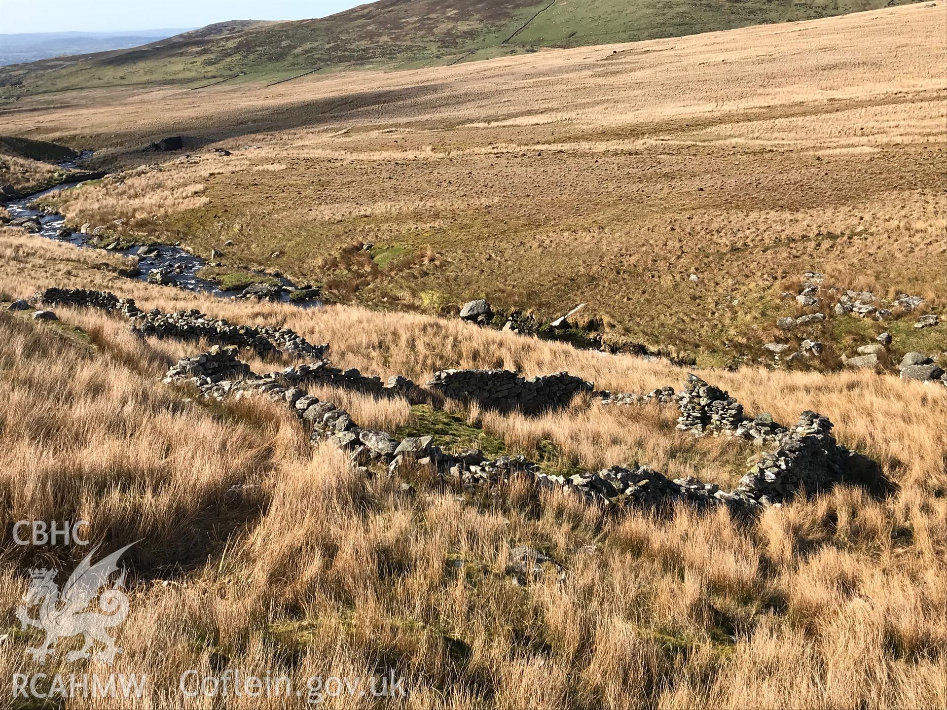 Colour photo showing view of Cwm Pen Llafar Sheepfold, Bethesda, taken by Paul R. Davis, 2018.
