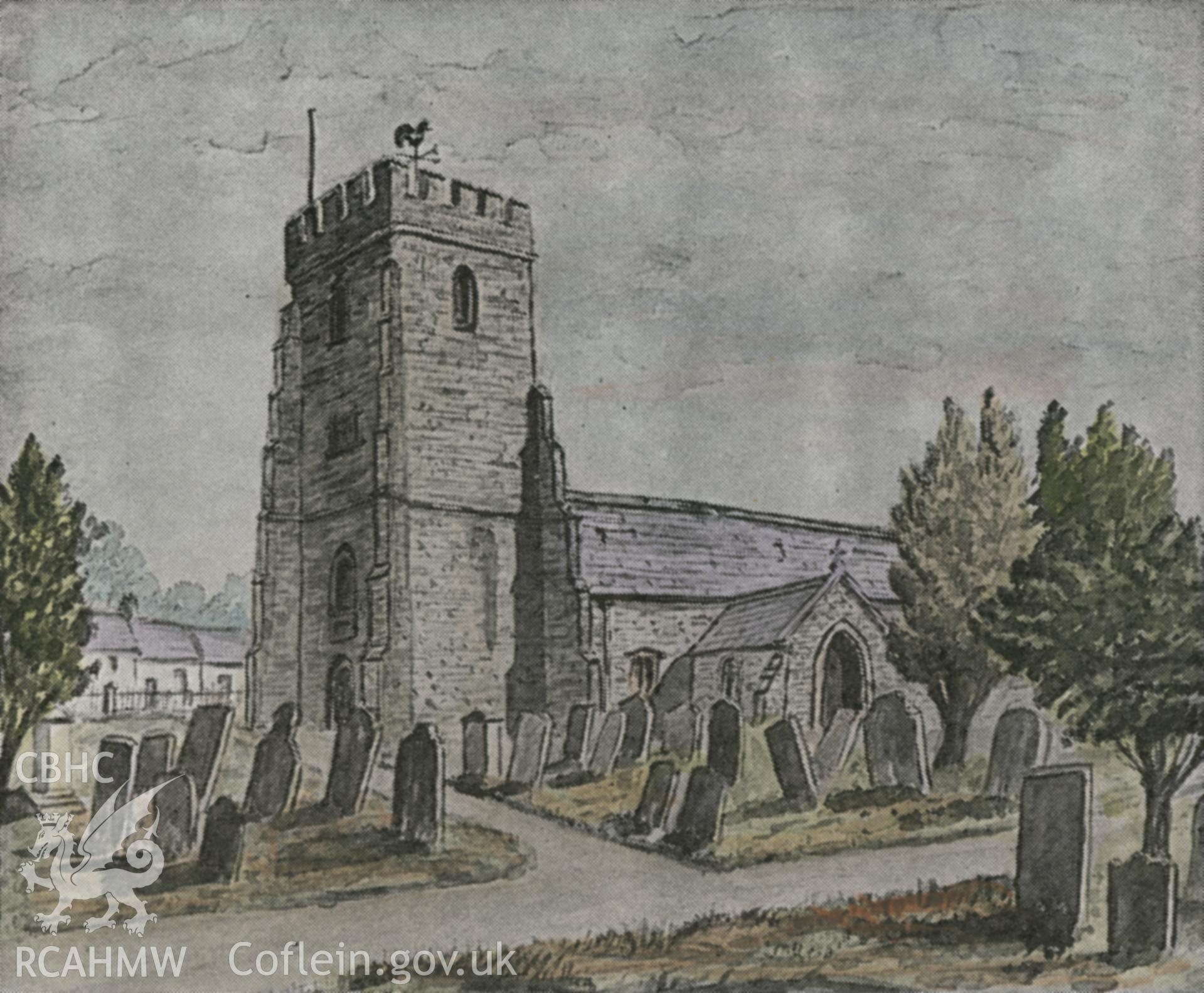 Digital copy of a colour illustration of St Mary's Church, Cardigan.
