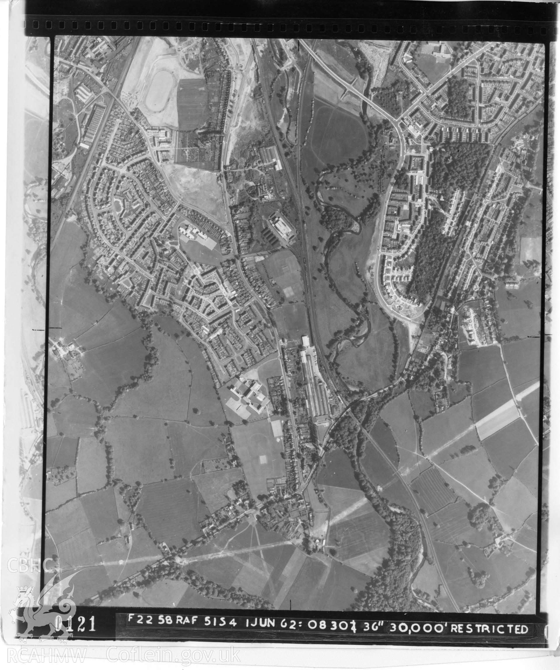 Aerial photograph of Cwmbran, taken on 1st June 1962. Included as part of Archaeology Wales' desk based assessment of former Llantarnam Community Primary School, Croeswen, Oakfield, Cwmbran, conducted in 2017.
