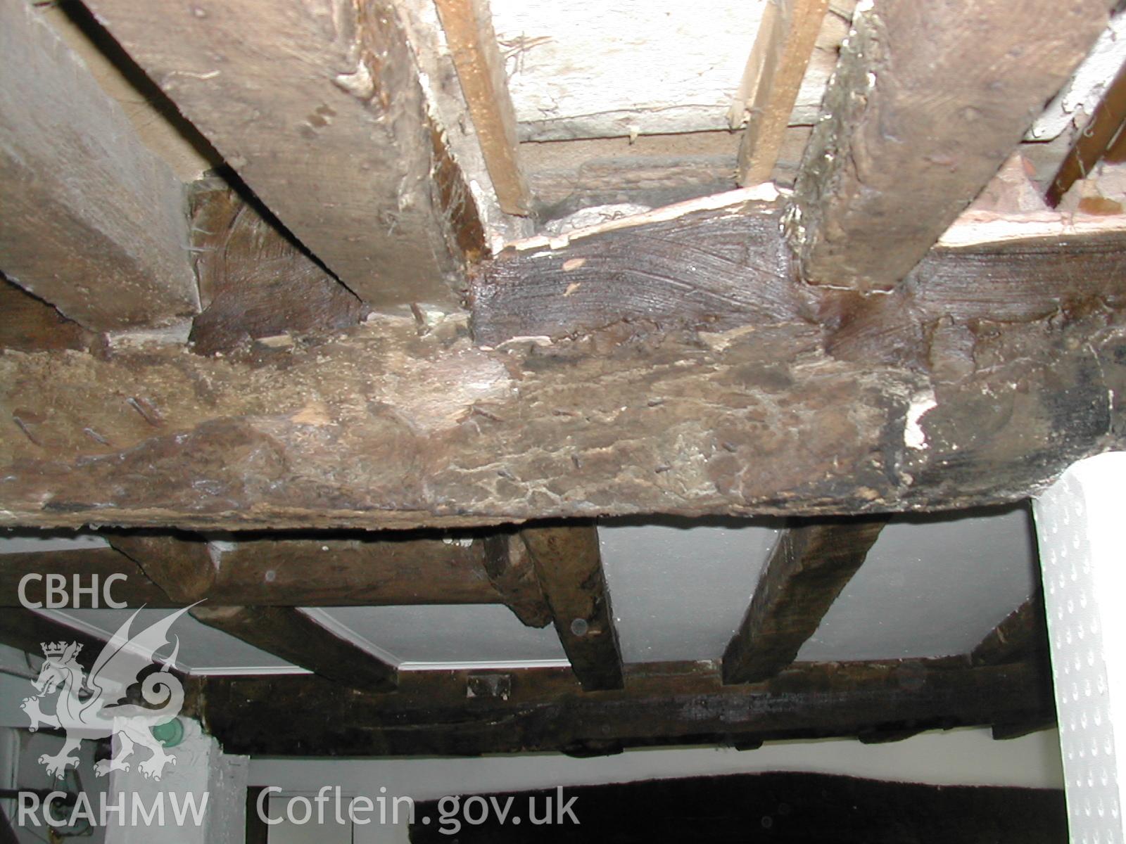 Colour photograph showing detailed interior view of timber ceiling beams at Rosacre, Gronant, Prestatyn. Unknown date. Donated by the Conservation Department of Flintshire County Council, in advance of relocation to new offices.