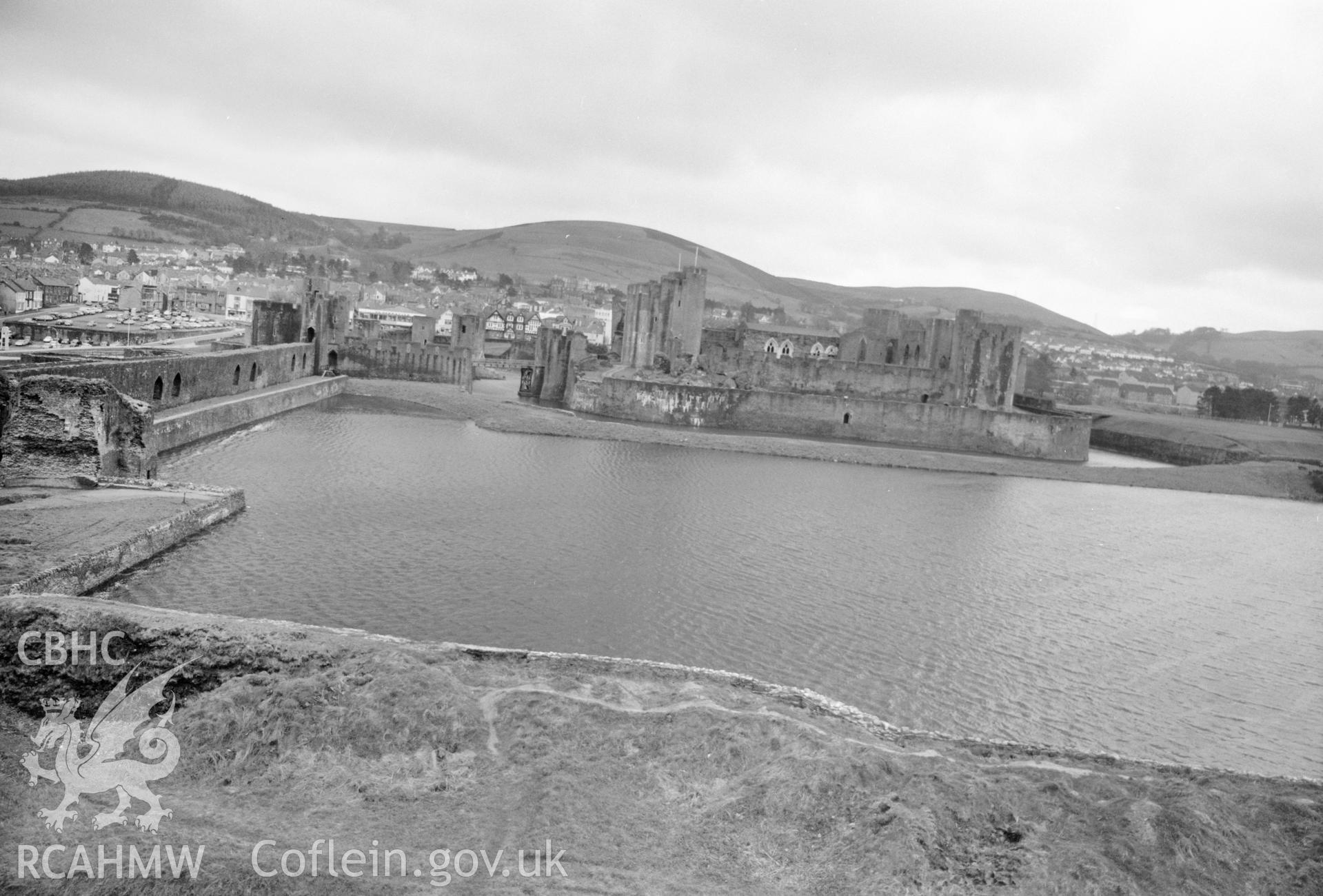 Digital copy of a black and white negative showing Caerphilly Castle.