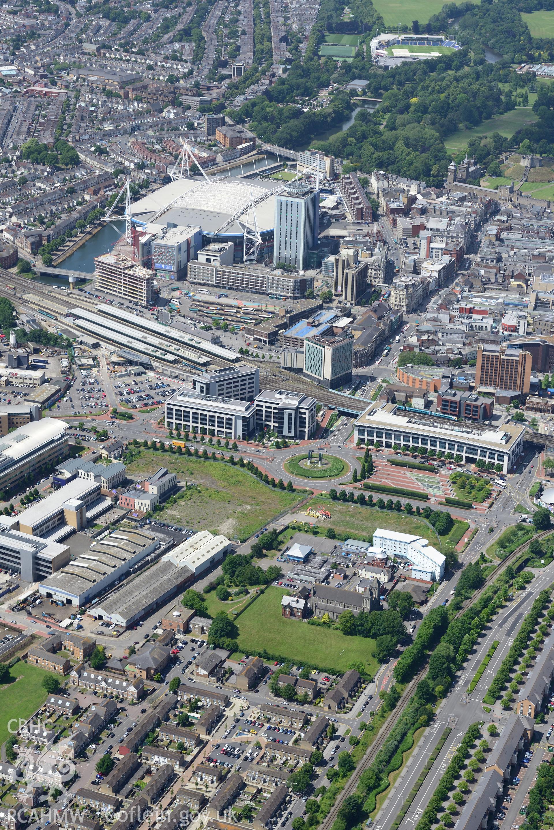 Sophia Garden Cricket Ground, the Millennium Stadium, and Cardiff Central Railway Station, Cardiff. Oblique aerial photograph taken during the Royal Commission's programme of archaeological aerial reconnaissance by Toby Driver on 29th June 2015.