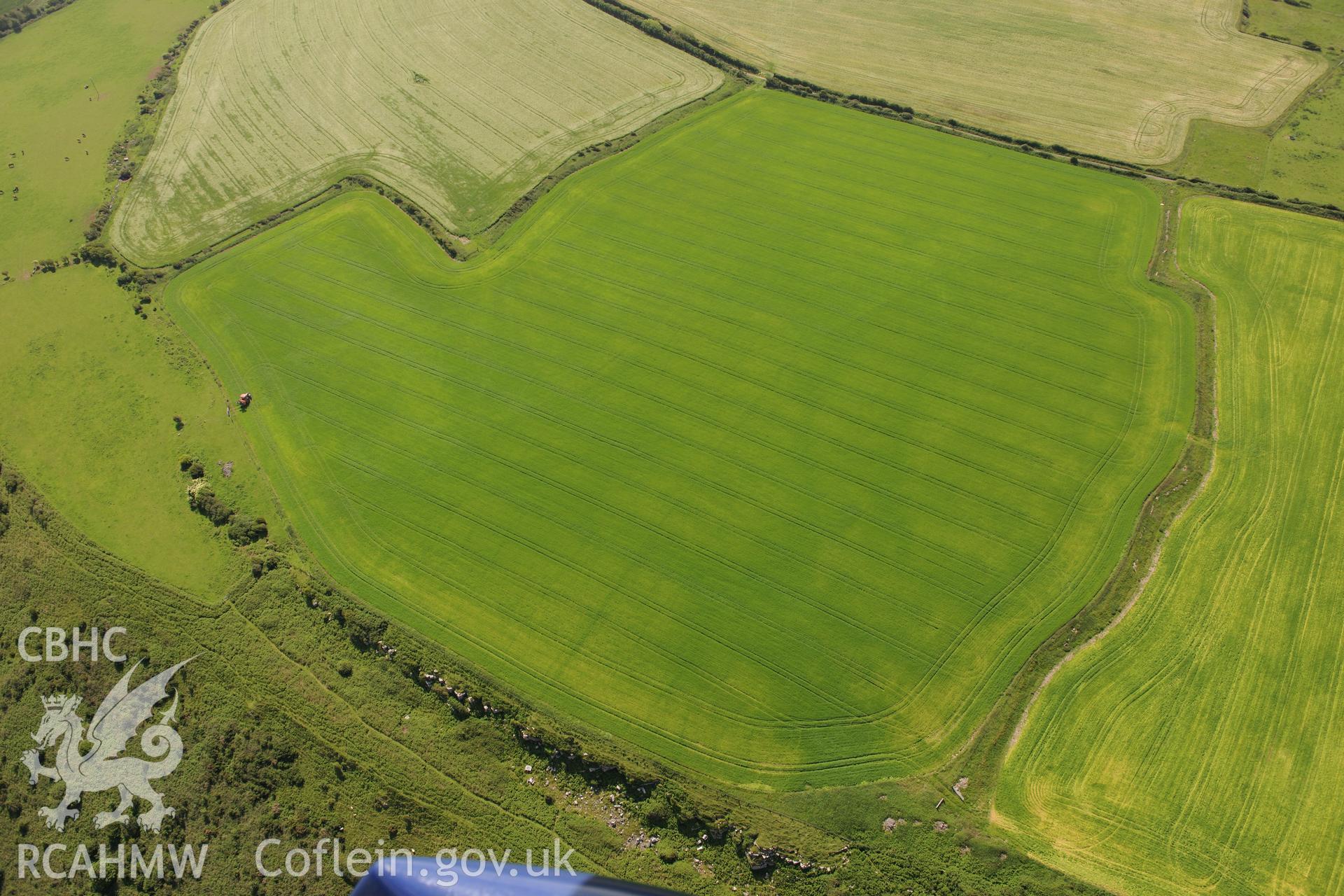 Site of defended enclsoure at Sutton Farm, north of Ogmore-by-Sea. Oblique aerial photograph taken during the Royal Commission's programme of archaeological aerial reconnaissance by Toby Driver on 19th June 2015.