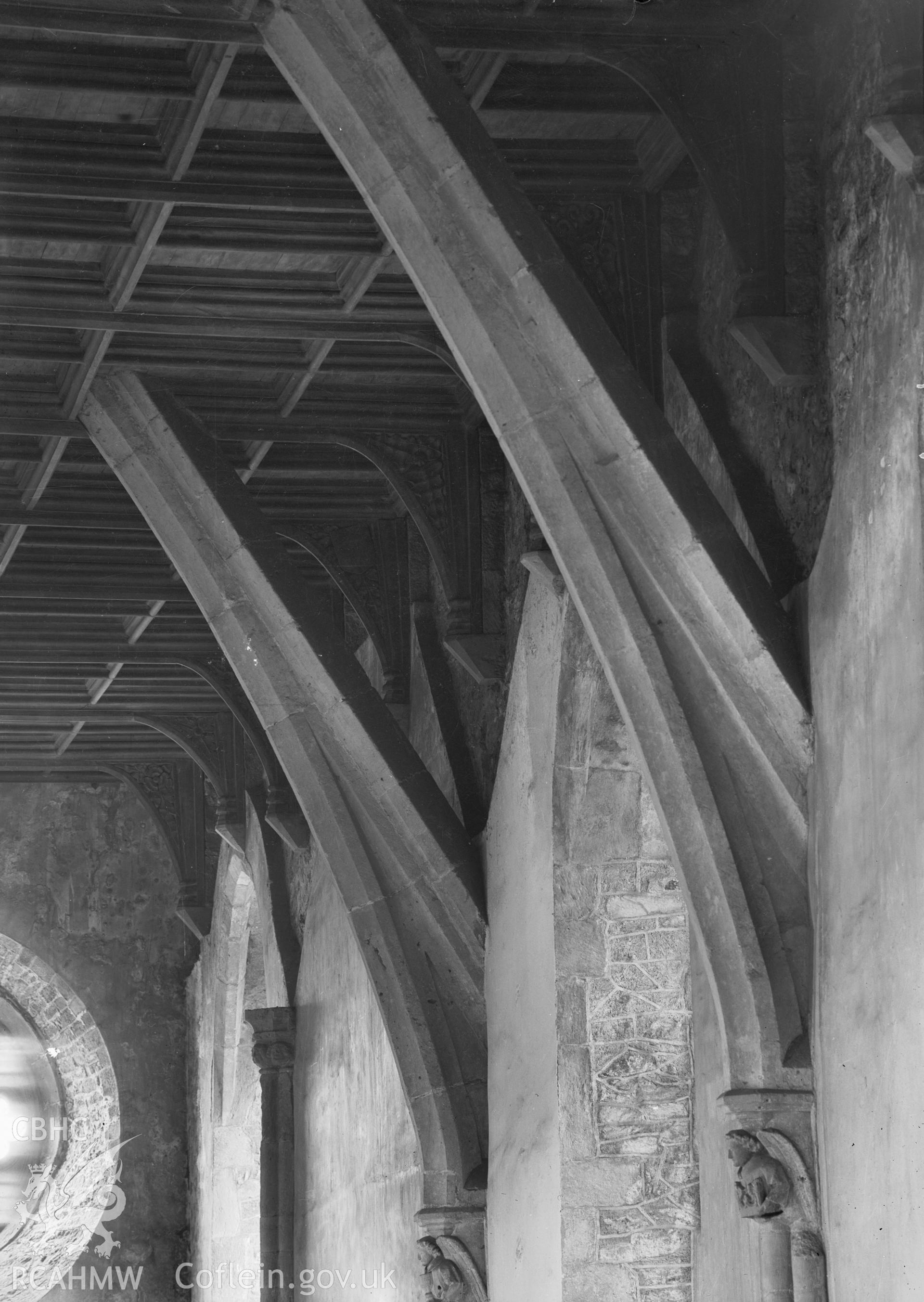 Digital copy of a black and white nitrate negative showing detailed view of vaulted ceiling at St. David's Cathedral, taken by E.W. Lovegrove, July 1936.