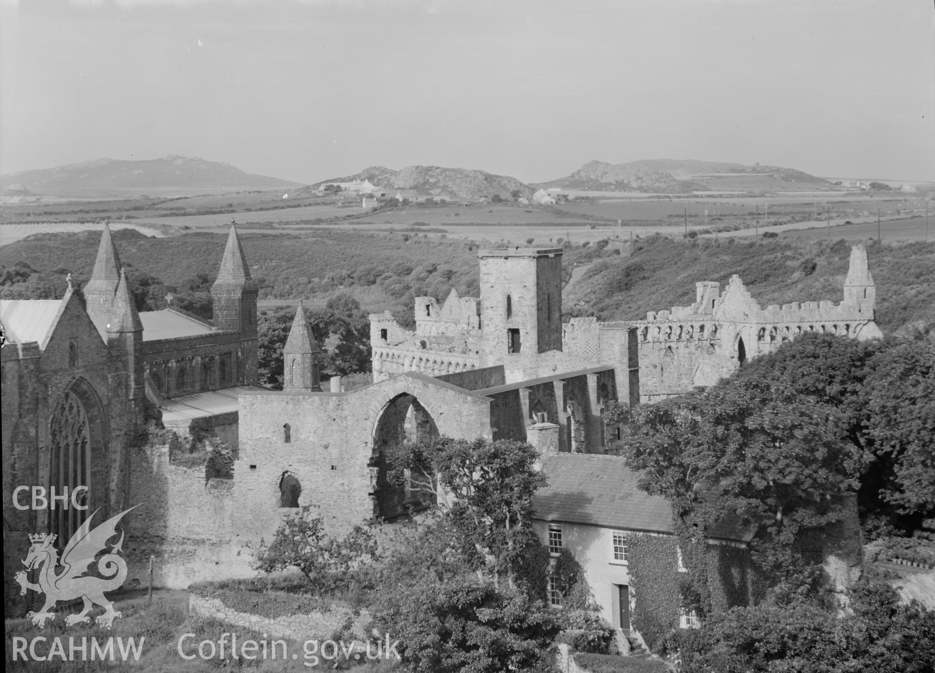 Digital copy of a black and white nitrate negative showing landscape view of Bishop's Palace, taken by E.W. Lovegrove, July 1936.