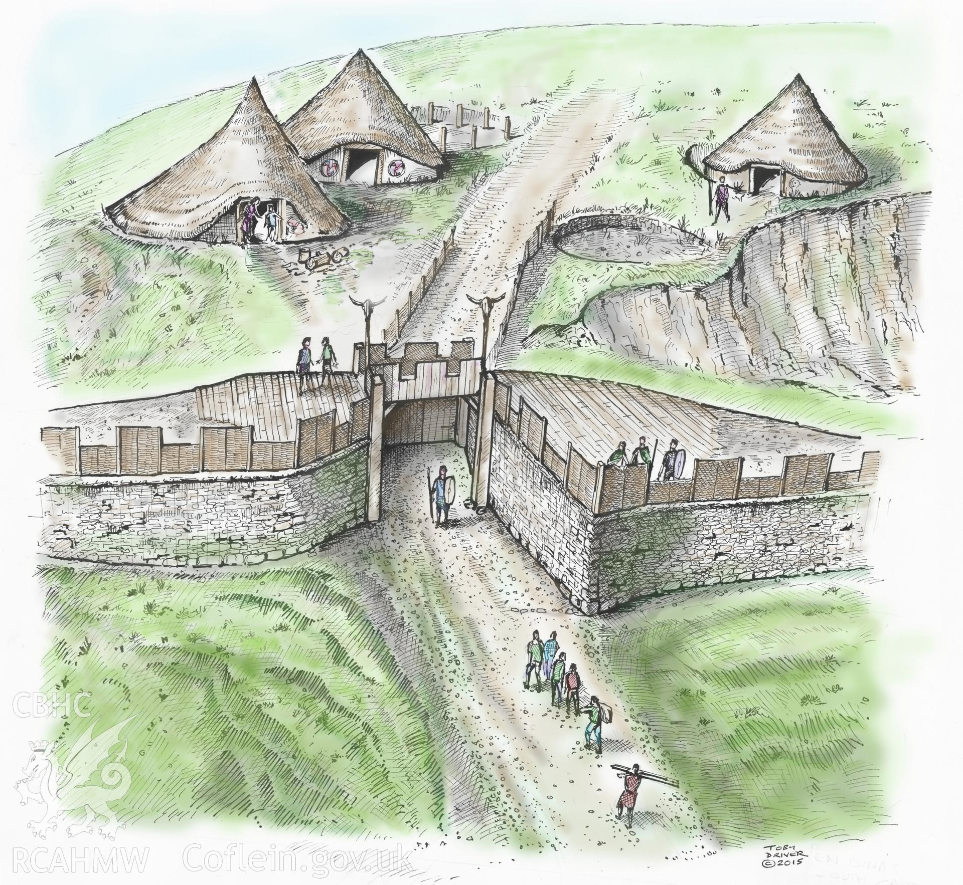 Pen Dinas .tiff version of a reconstruction drawing of the south gate of the south fort as it may have appeared at around 100BC. Figure 4.19, The Hillforts of Cardigan Bay, Toby Driver.