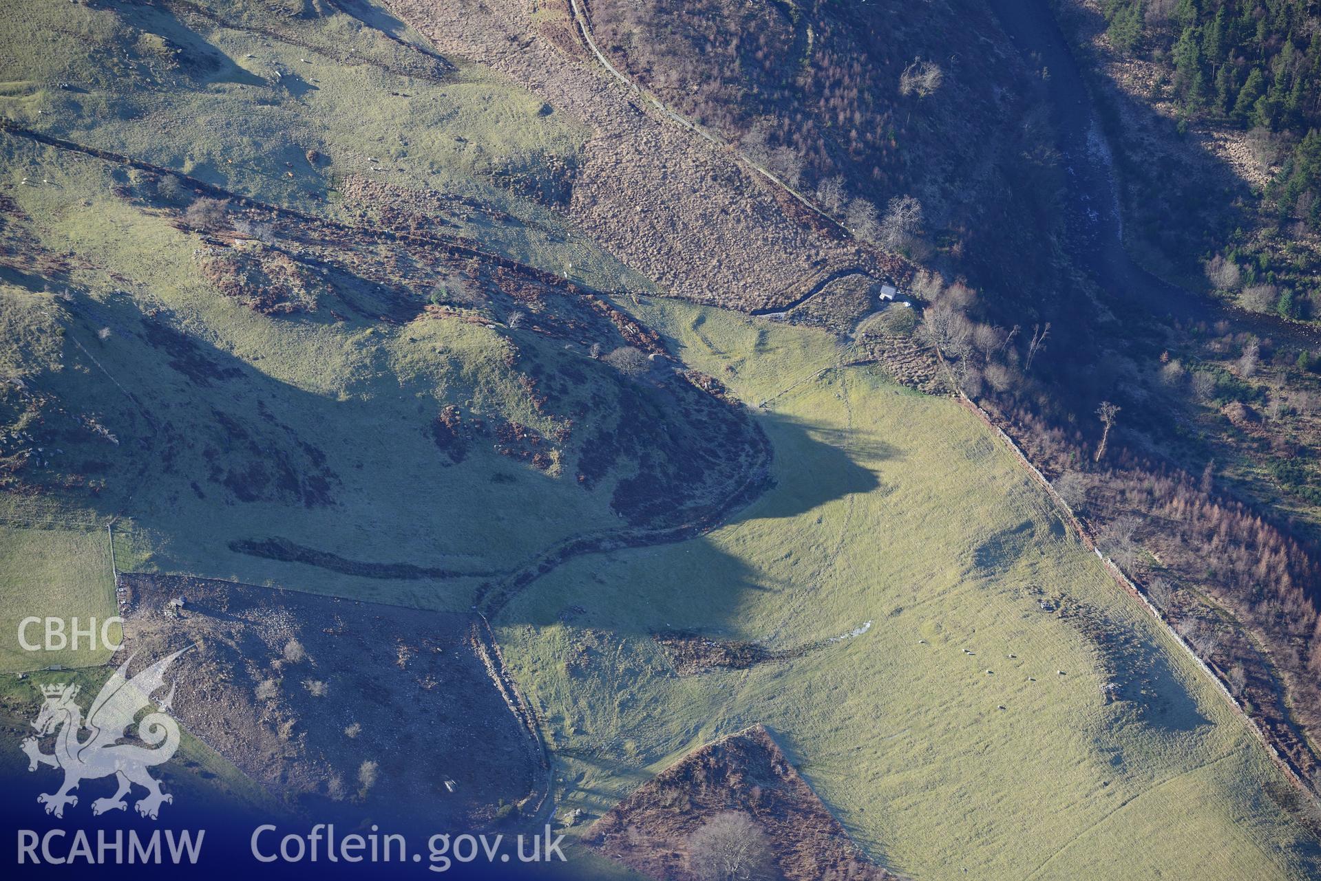 Post medieval enclosure near Storehouse, Pont-Rhyd-y-Groes. Oblique aerial photograph taken during the Royal Commission's programme of archaeological aerial reconnaissance by Toby Driver on 4th February 2015.