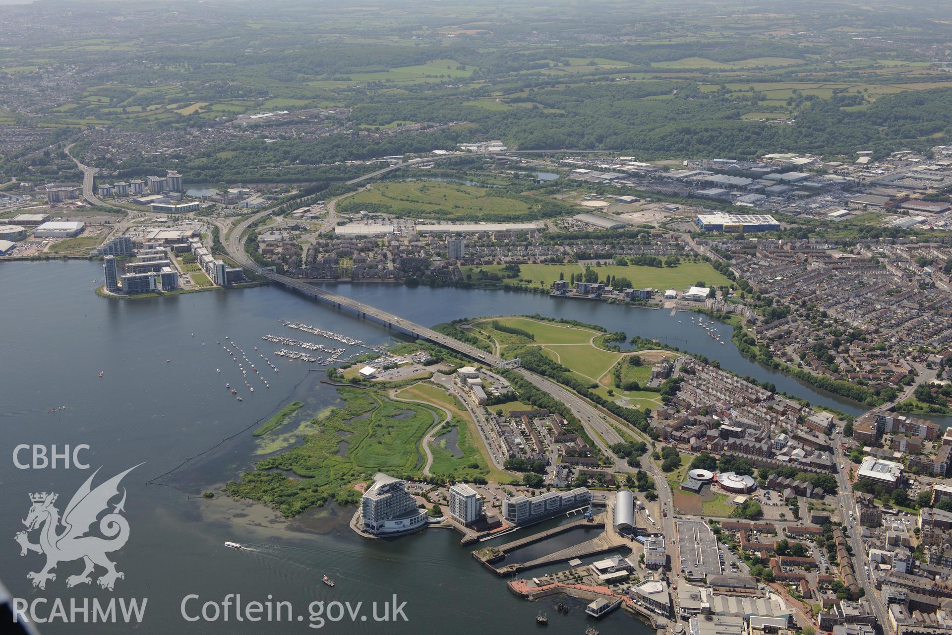 Techniquest; the St. David's Hotel; Hamadryad Park and the Lagoons and Wetlands Nature Reserve, Cardiff Bay. Oblique aerial photograph taken during the Royal Commission's programme of archaeological aerial reconnaissance by Toby Driver on 29th June 2015.