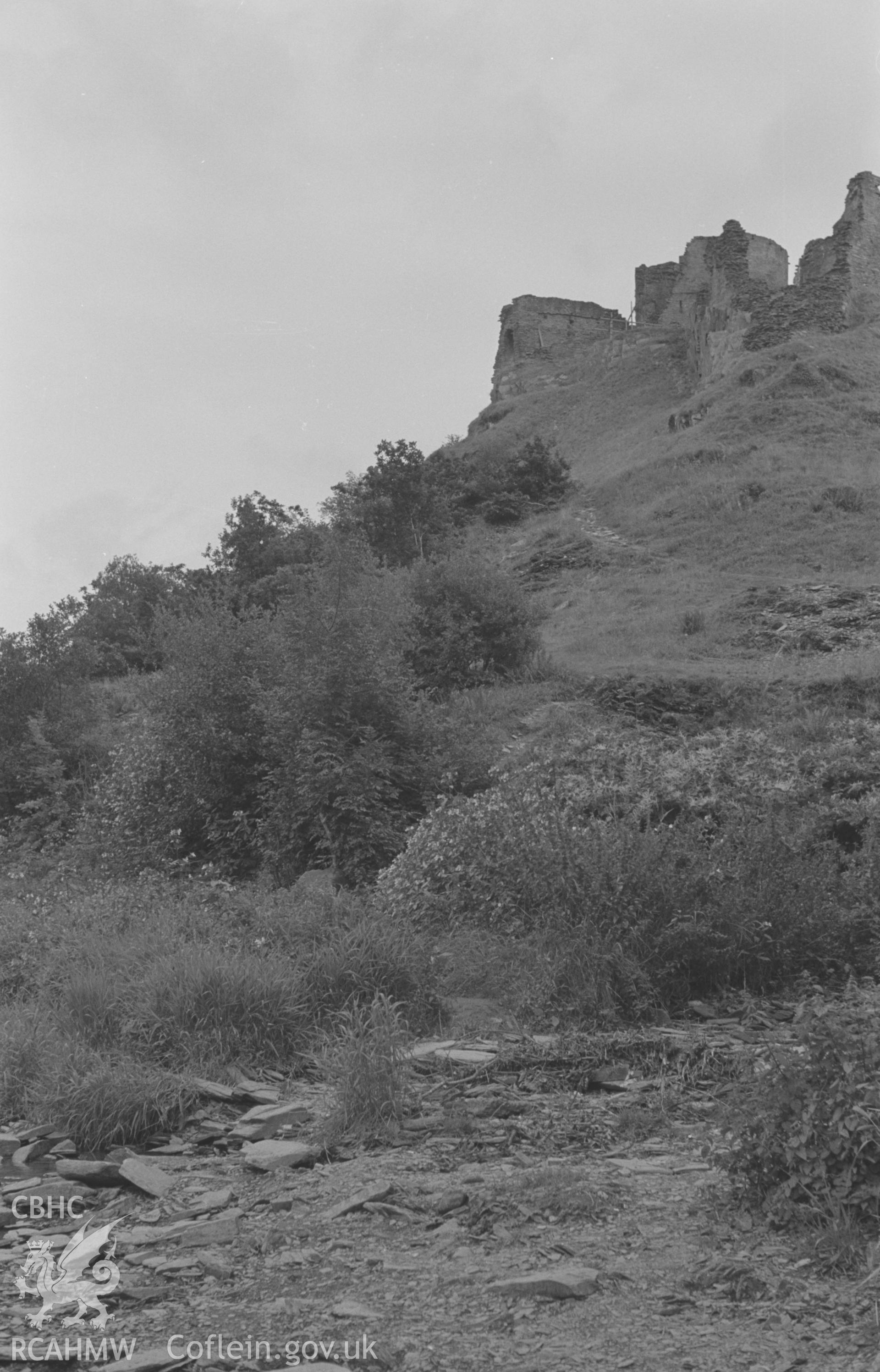 Digital copy of a black and white negative showing Coedmore woods, the Teifi, and Cilgerran castle. Photographed in September 1963 by Arthur O. Chater from Grid Reference SN 1947 4324, looking south south east - east. Panorama, photo 2 of 4.