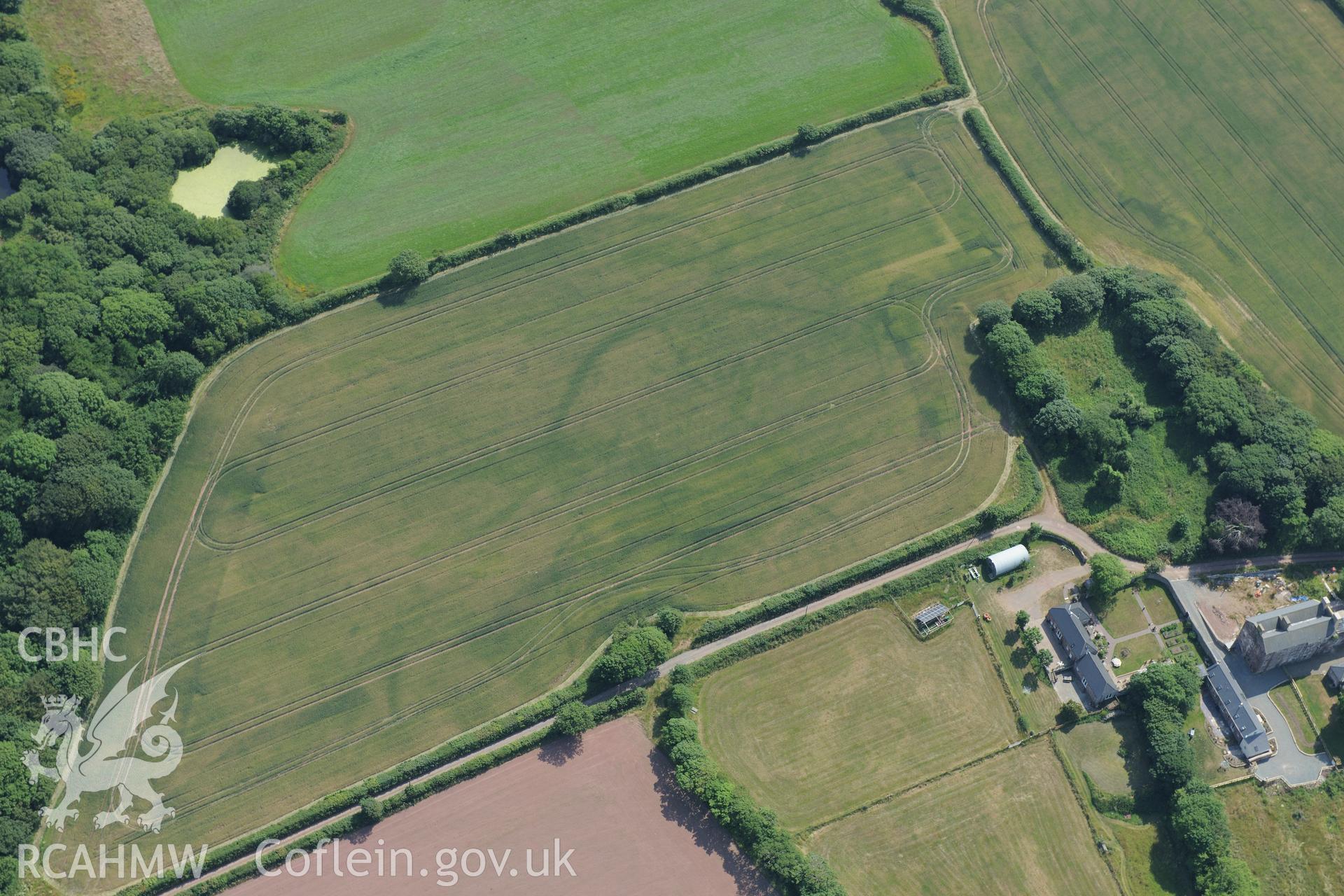 Butterhill farm with cropmarks east south south of the main farm buildings, near St Ishmaels. Oblique aerial photograph taken during the Royal Commission?s programme of archaeological aerial reconnaissance by Toby Driver on 16th July 2013.
