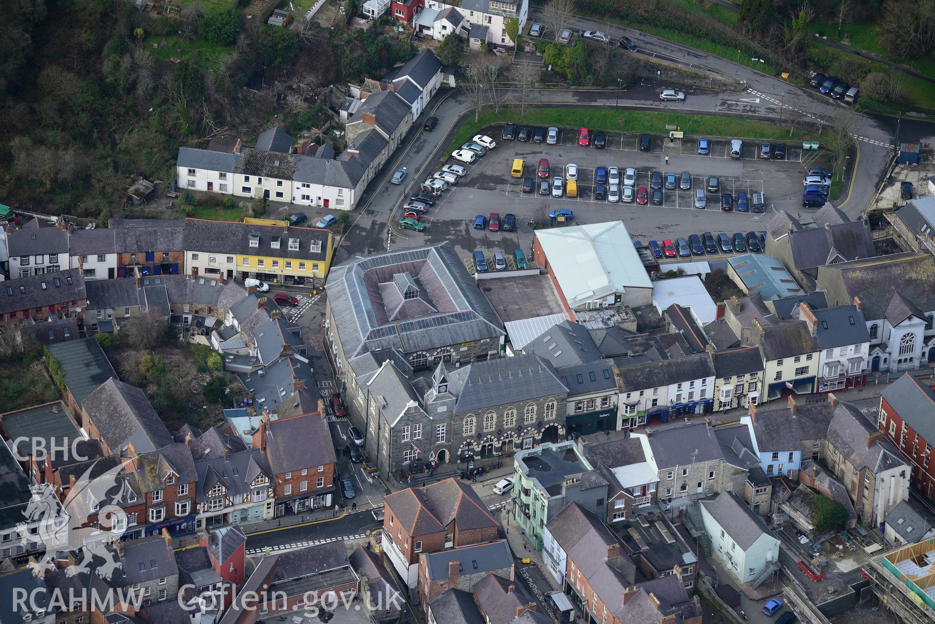 The market hall and Tabernacl Welsh Calvinistic Methodist chapel, Cardigan. Oblique aerial photograph taken during the Royal Commission's programme of archaeological aerial reconnaissance by Toby Driver on 13th March 2015.