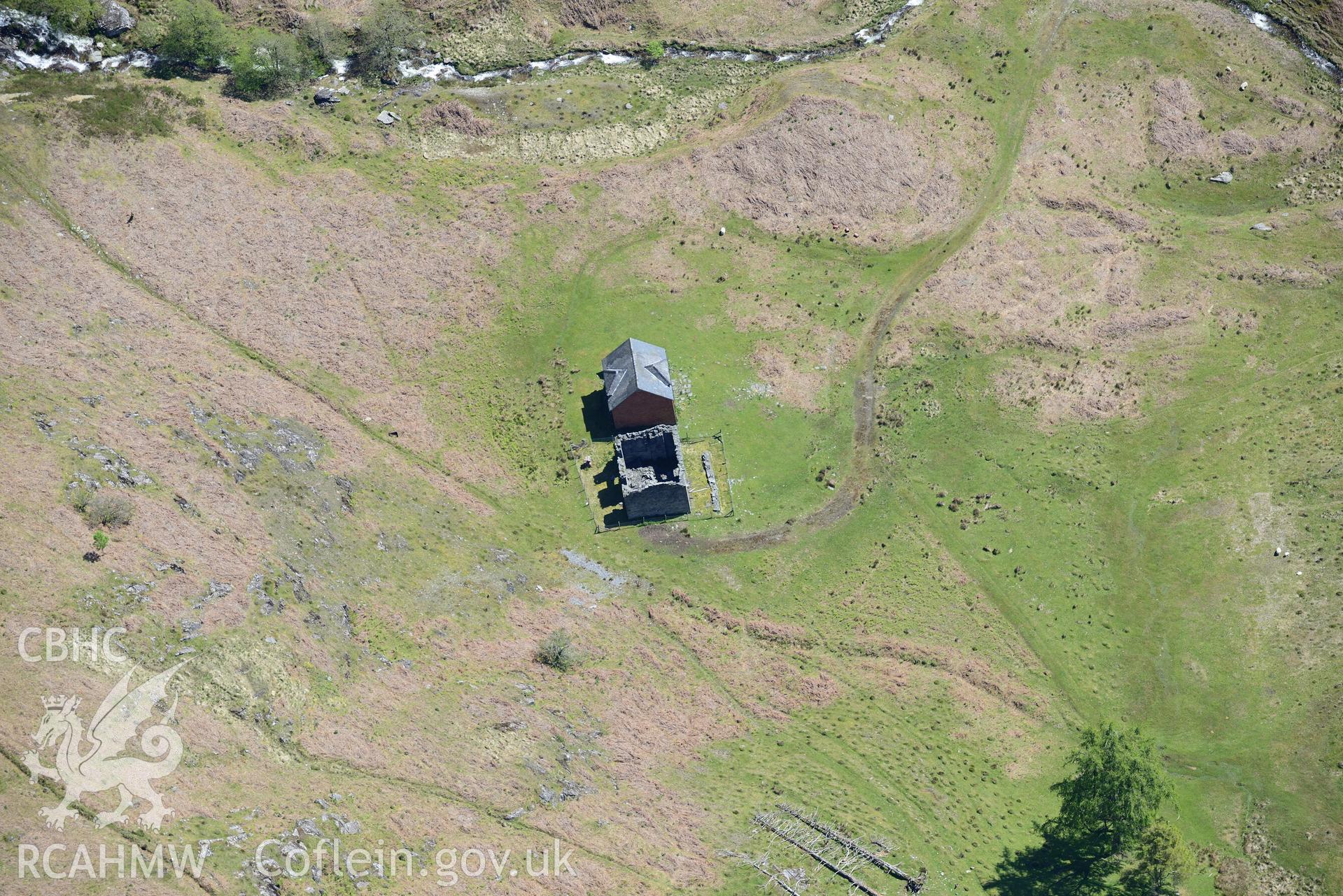 Cwm Elan lead mine complex, including the remains of mine house and Pengwaidd house and mine office. Oblique aerial photograph taken during the Royal Commission's programme of archaeological aerial reconnaissance by Toby Driver on 3rd June 2015.