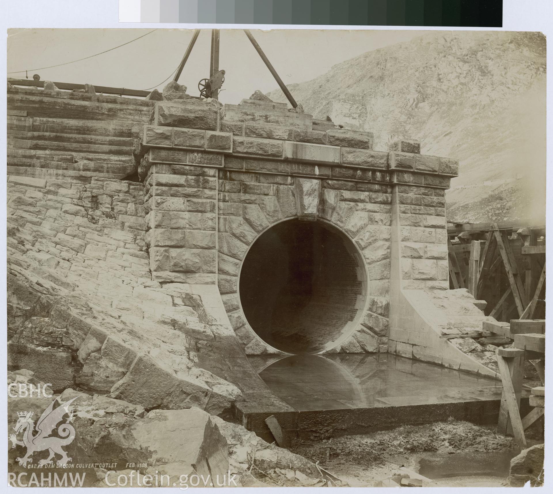 Digital copy of an albumen print from Edward Hubbard Collection showing the Brecon culvert outlet at Caban Dam, taken February 1898.