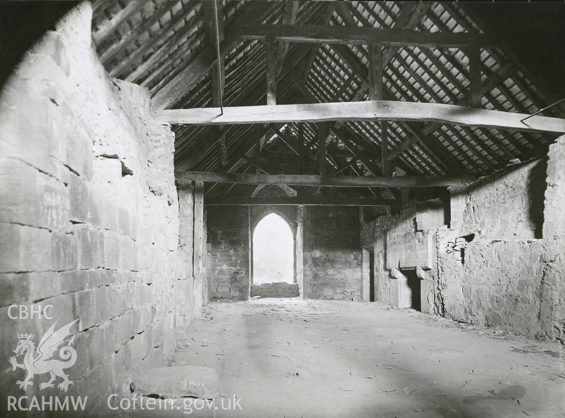 Digitised copy of a black and white photograph showing dormitory at  Valle Crucis Abbey, taken by F.H. Crossley, 1949. Copied from print as negative held by NMR England (Historic England).