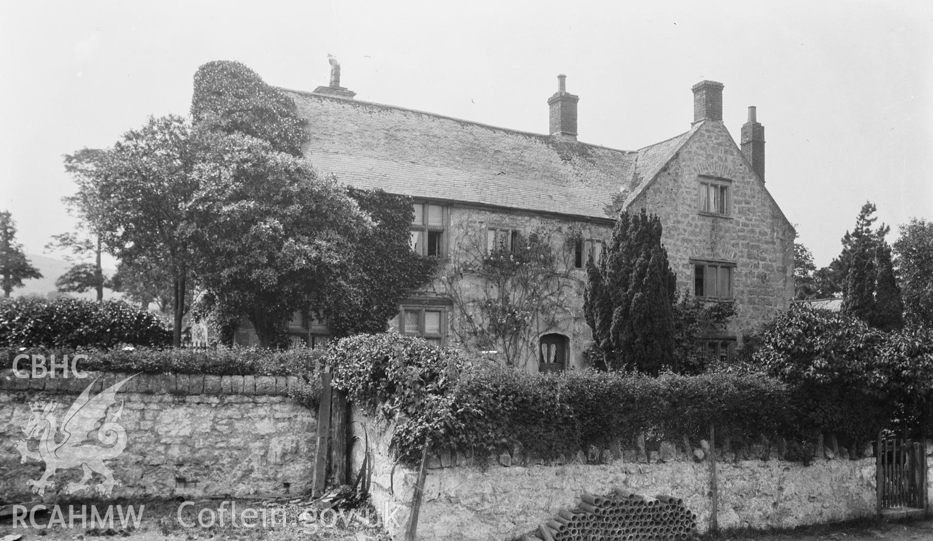 Digital copy of a nitrate negative showing view of Hendre Fawr from the south-east taken by Leonard Monroe, undated.
