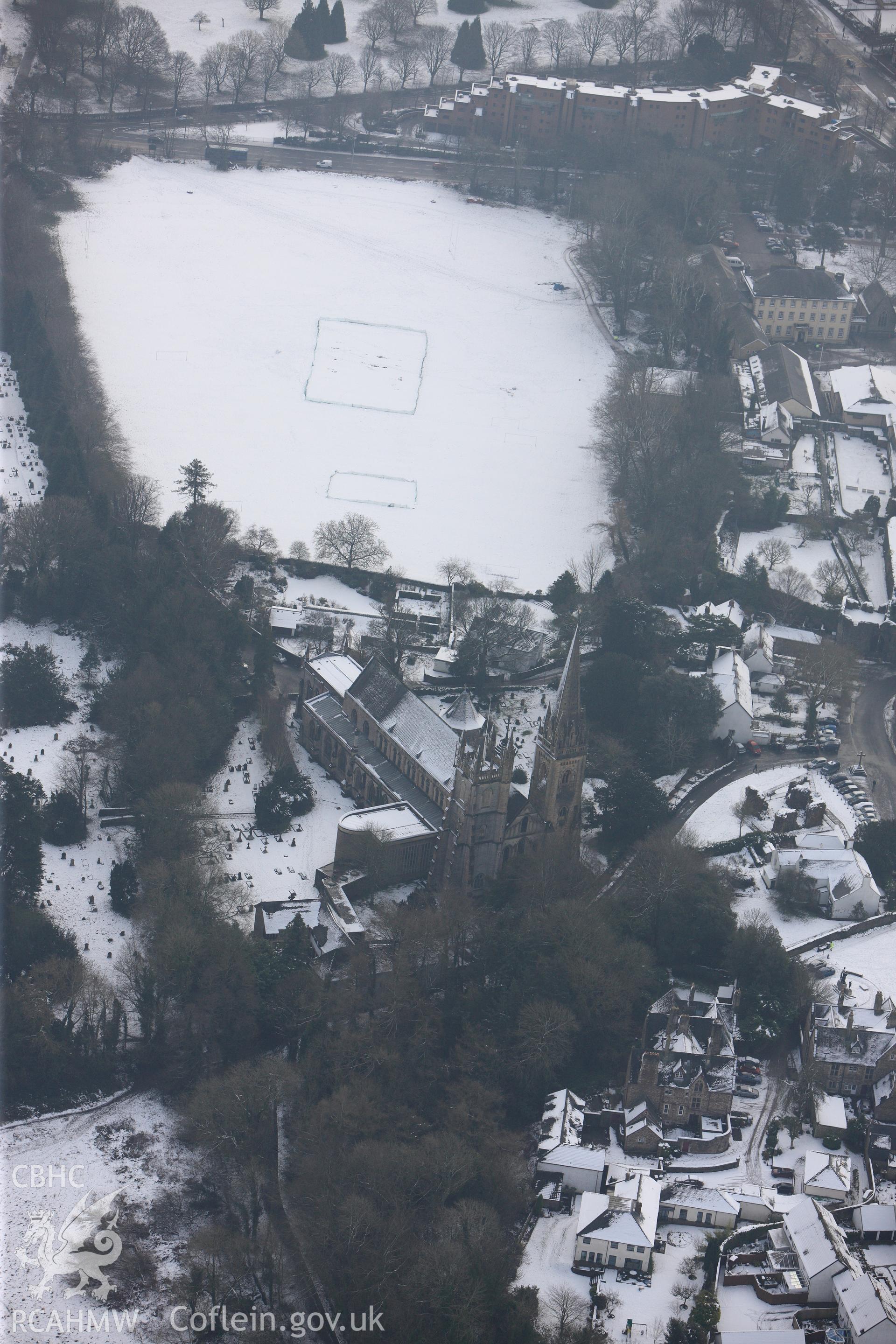 Llandaff Cathedral, Llandaff, Cardiff. Oblique aerial photograph taken during the Royal Commission?s programme of archaeological aerial reconnaissance by Toby Driver on 24th January 2013.