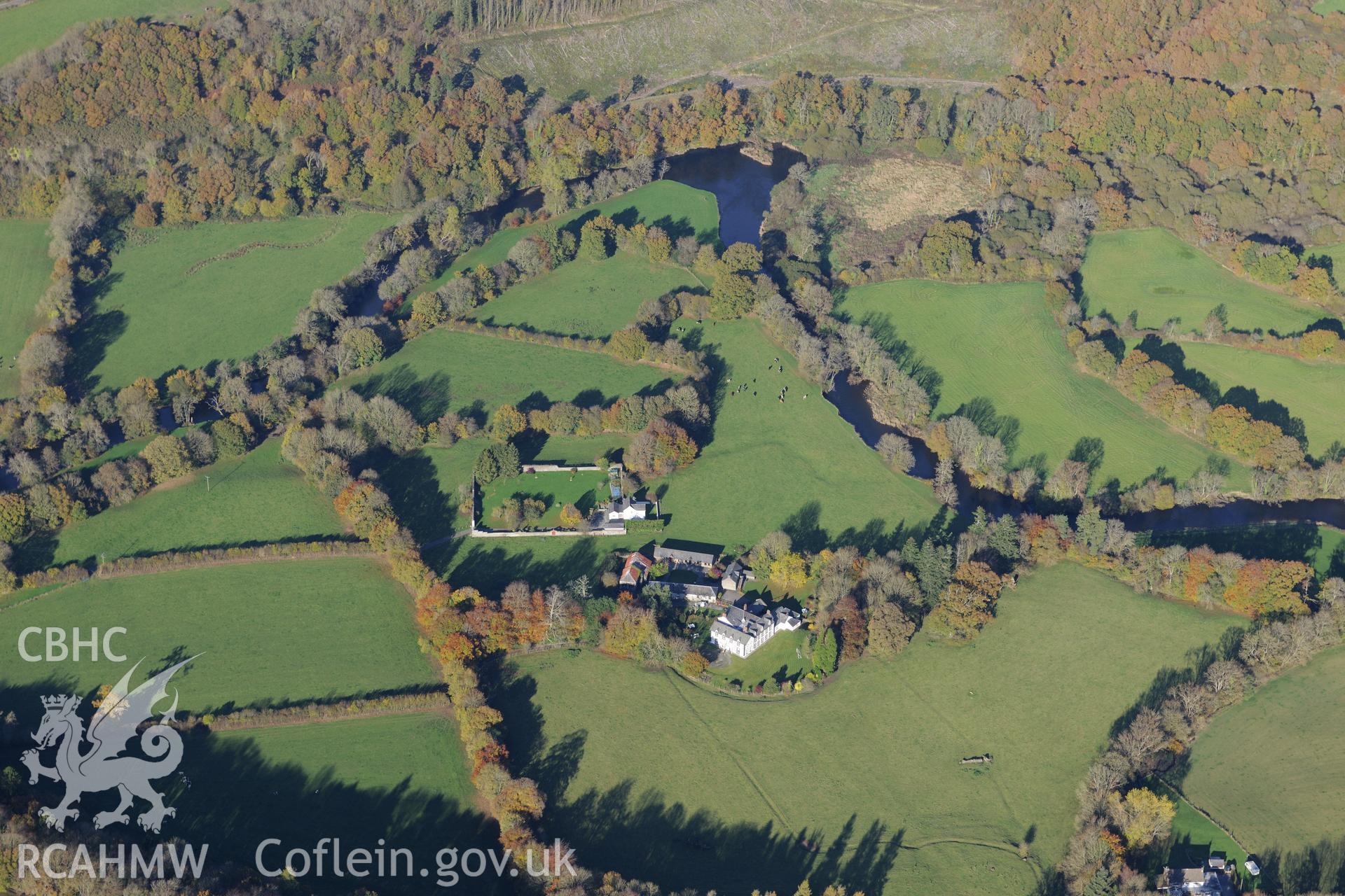 Dol Haidd Mansion, garden and farm buildings. Oblique aerial photograph taken during the Royal Commission's programme of archaeological aerial reconnaissance by Toby Driver on 2nd November 2015.