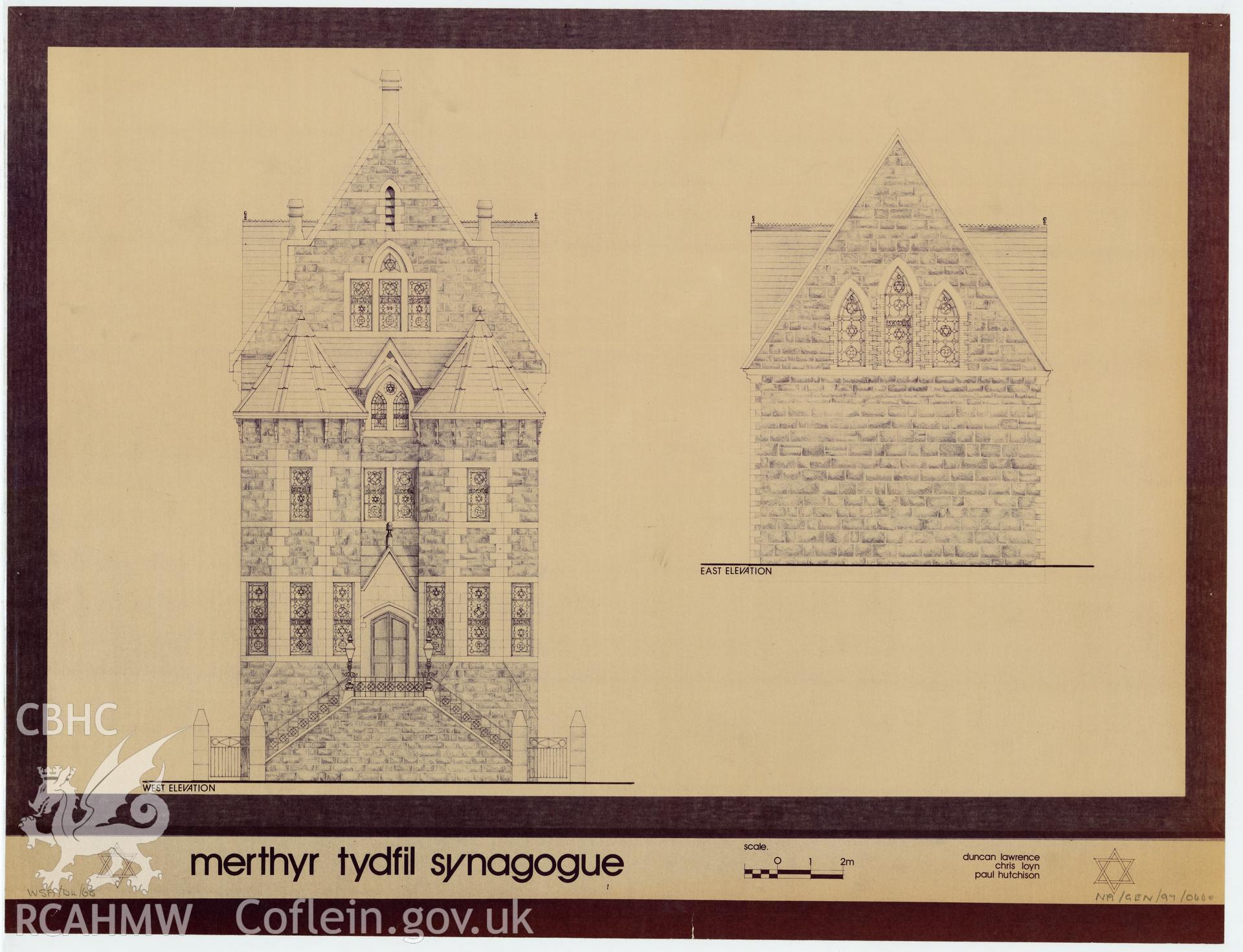 West and East elevation drawing of Merthyr Tydfil Synagogue. ref. WSA/D4/68. nprn 11795.