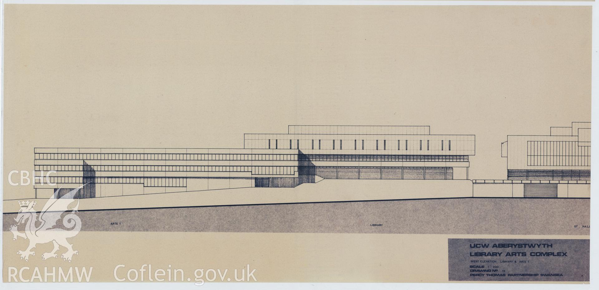 Digital copy of Drawing No 15, West Elevation Library and Arts 1 of the proposed Library Arts Complex at University College Aberystwyth, produced by Percy Thomas Partnership. Scale 1:200.