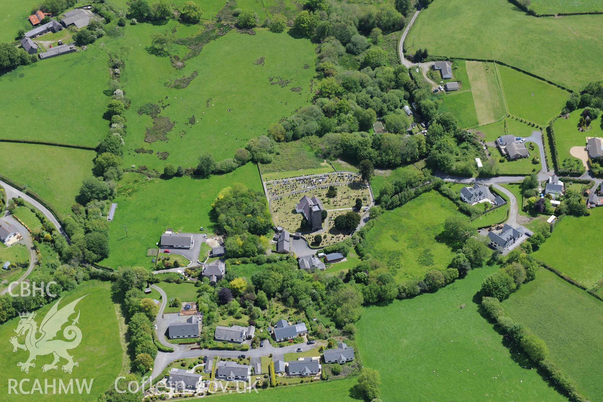 St. Gwenog's Church, Llanwenog. Oblique aerial photograph taken during the Royal Commission's programme of archaeological aerial reconnaissance by Toby Driver on 3rd June 2015.