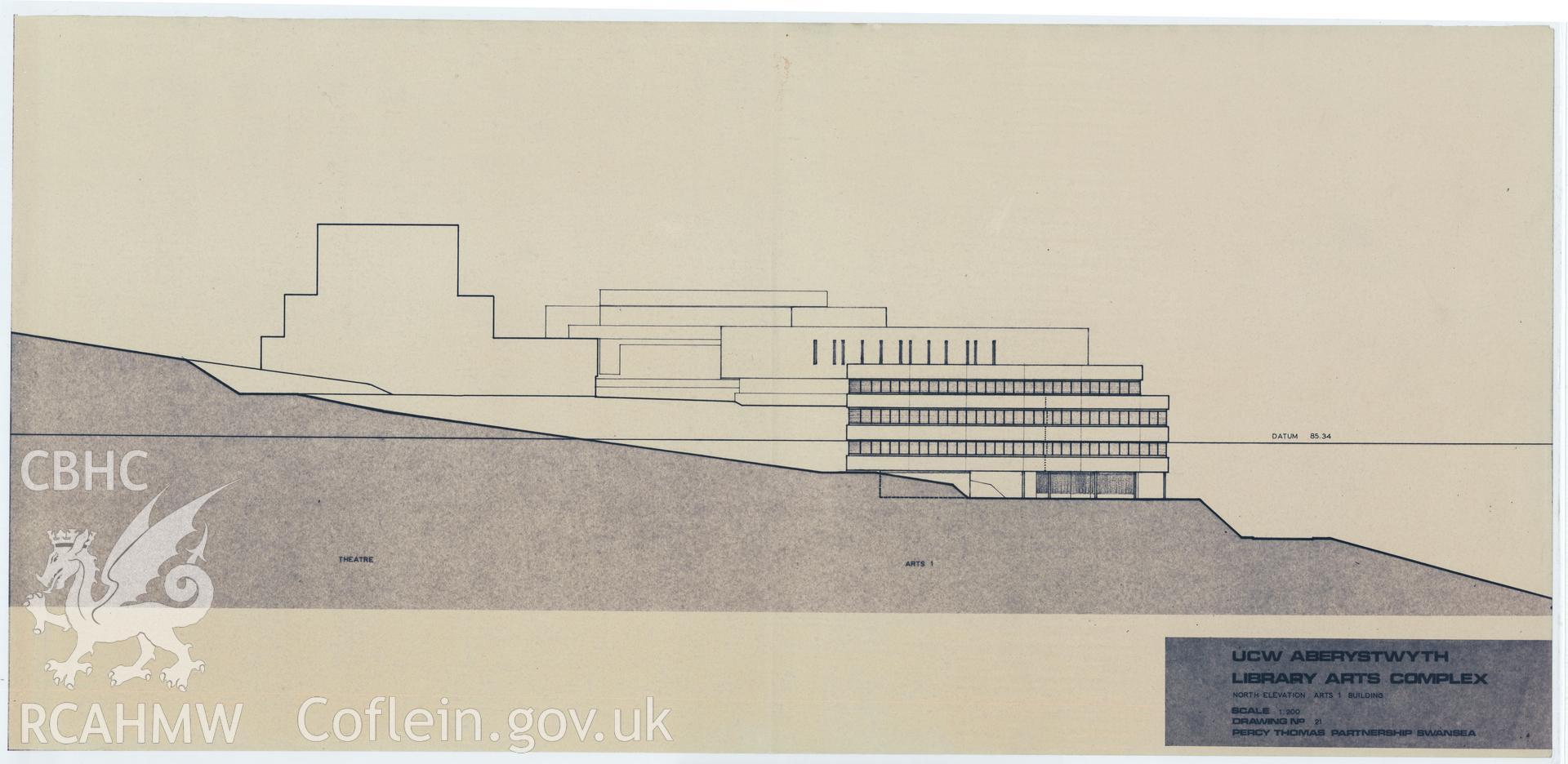 Digital copy of Drawing No 21, north elevation arts 1 building at the proposed Library Arts Complex at University College Aberystwyth, produced by Percy Thomas Partnership. Scale 1:200.