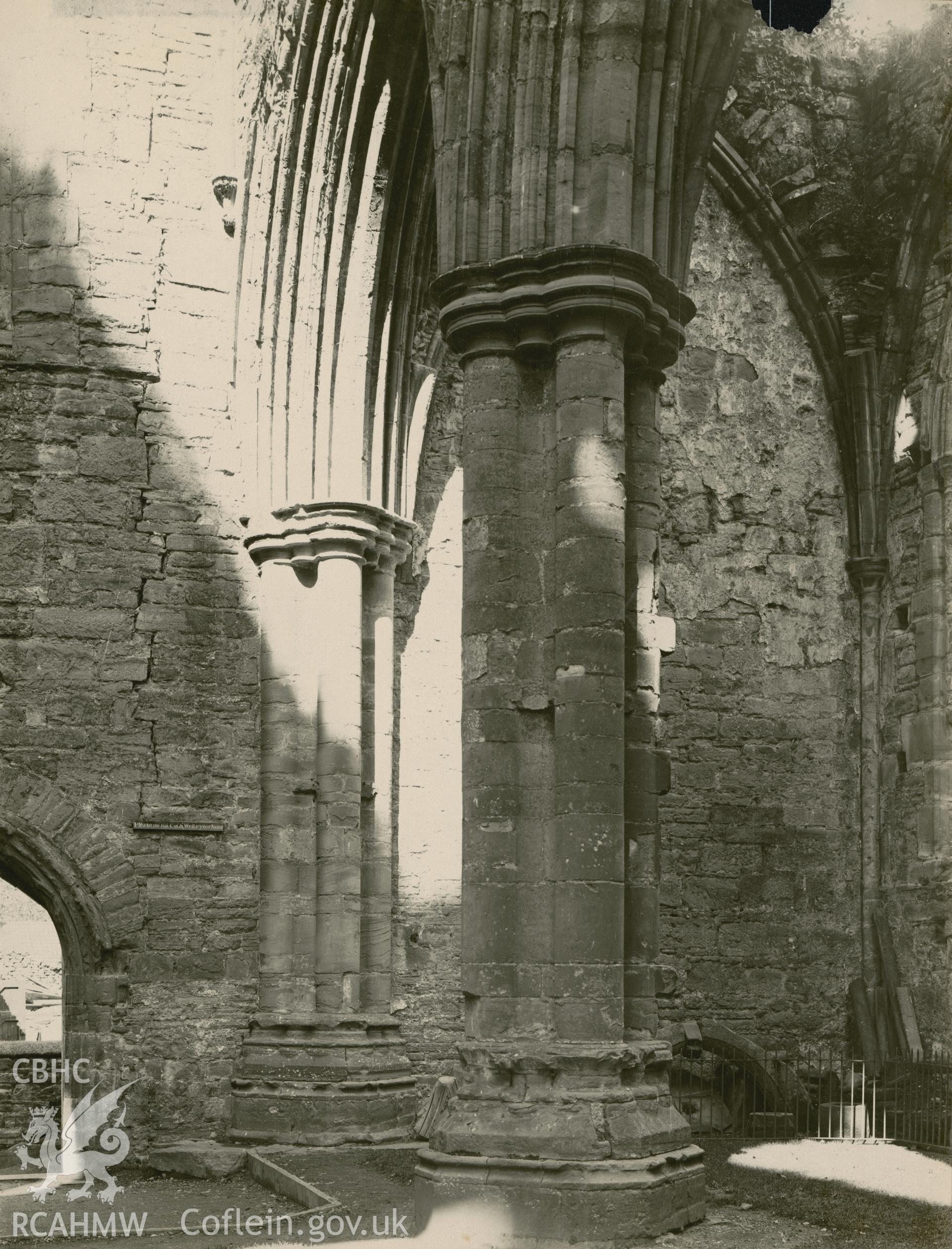 Digital copy of an early National Buildings Record photograph showing northeast chapel of the north transept at Tintern Abbey.