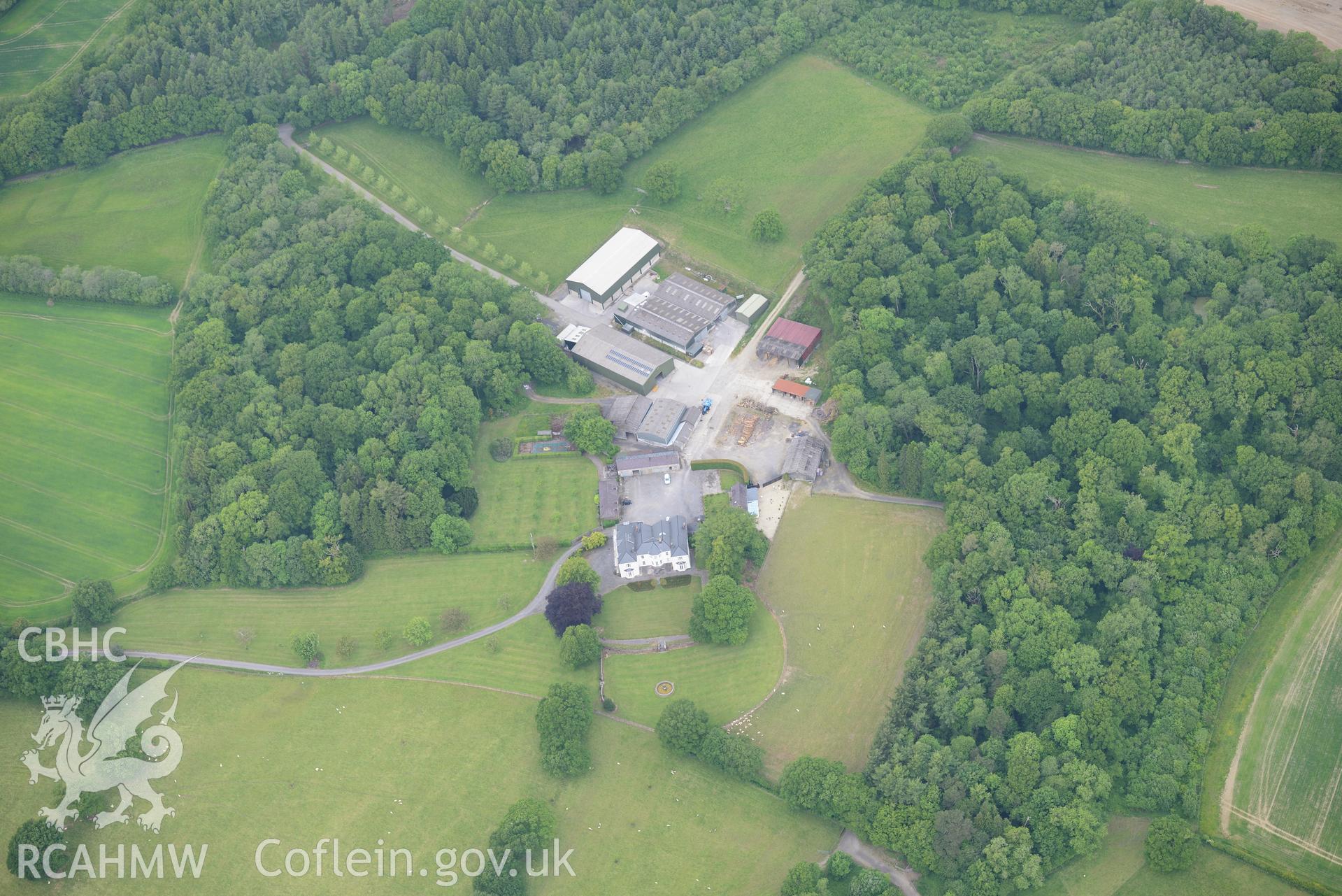 Hafod-Neddyn house and garden near Llandeilo. Oblique aerial photograph taken during the Royal Commission's programme of archaeological aerial reconnaissance by Toby Driver on 11th June 2015.