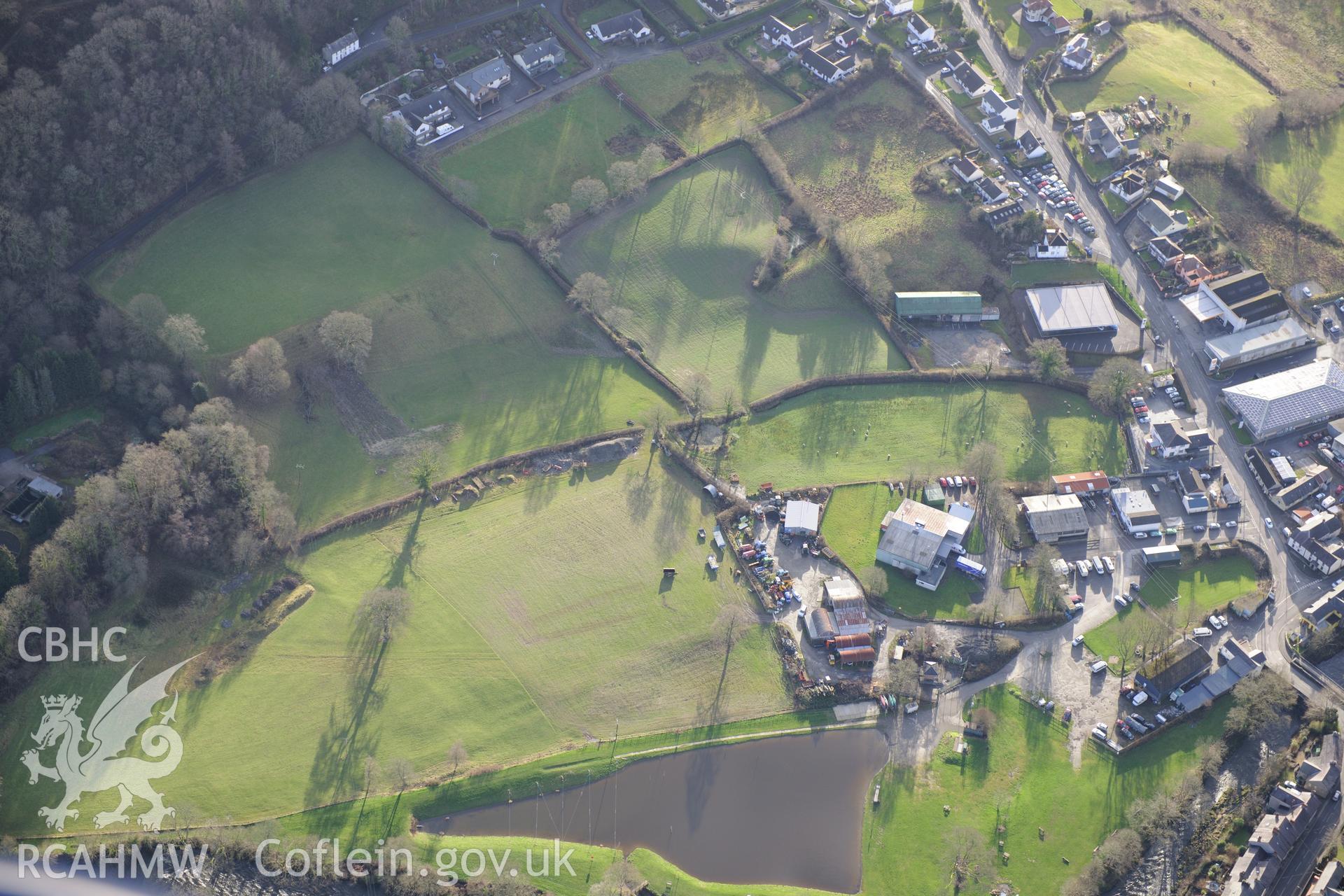 Seion Chapel and St. Tysul's Church, Llandysul. Oblique aerial photograph taken during the Royal Commission's programme of archaeological aerial reconnaissance by Toby Driver on 6th January 2015.
