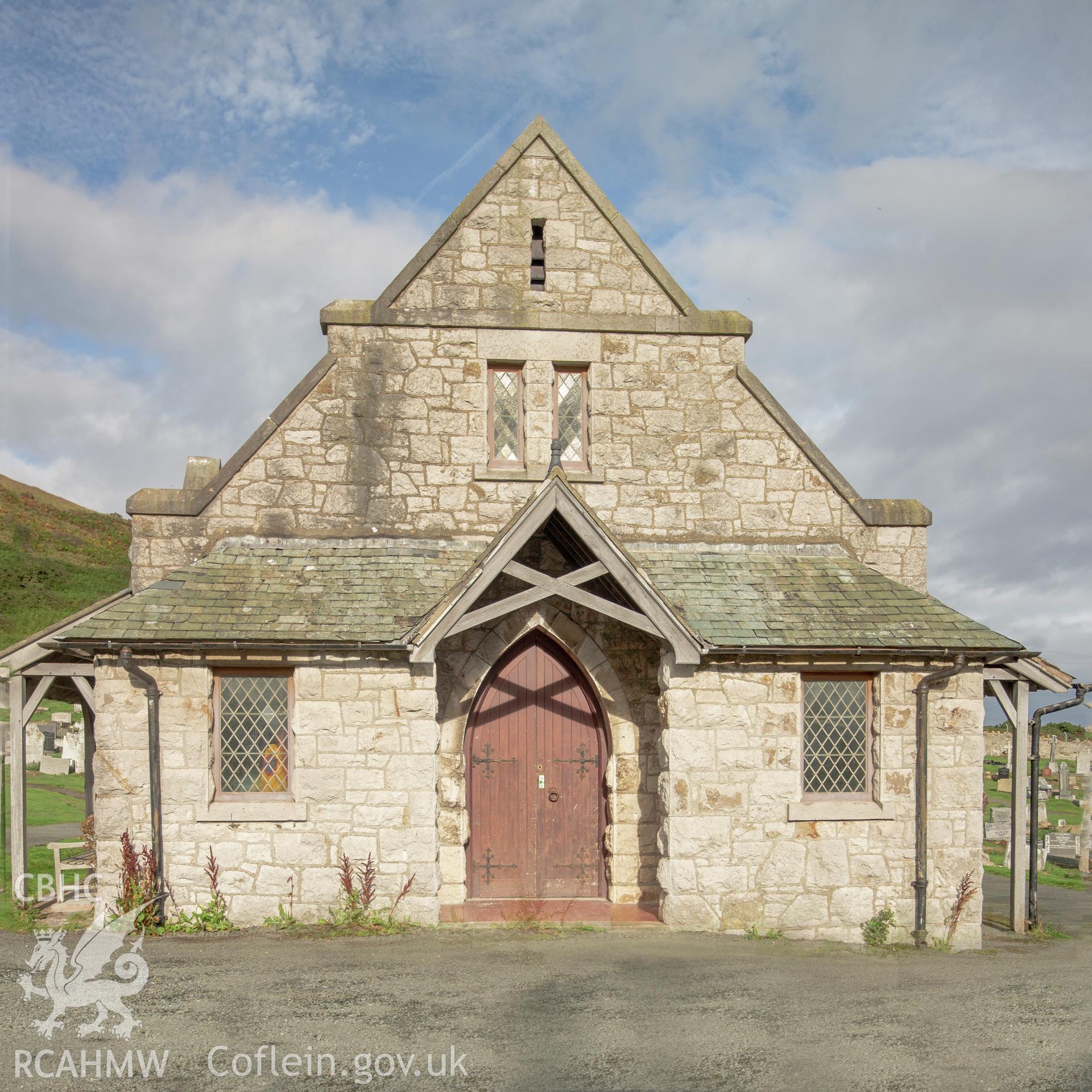 Colour photograph showing front elevation and entrance of the Great Orme Cemetery chapel near St. Tudno's church, Llandudno. Photographed by Richard Barrett on 17th September 2018.