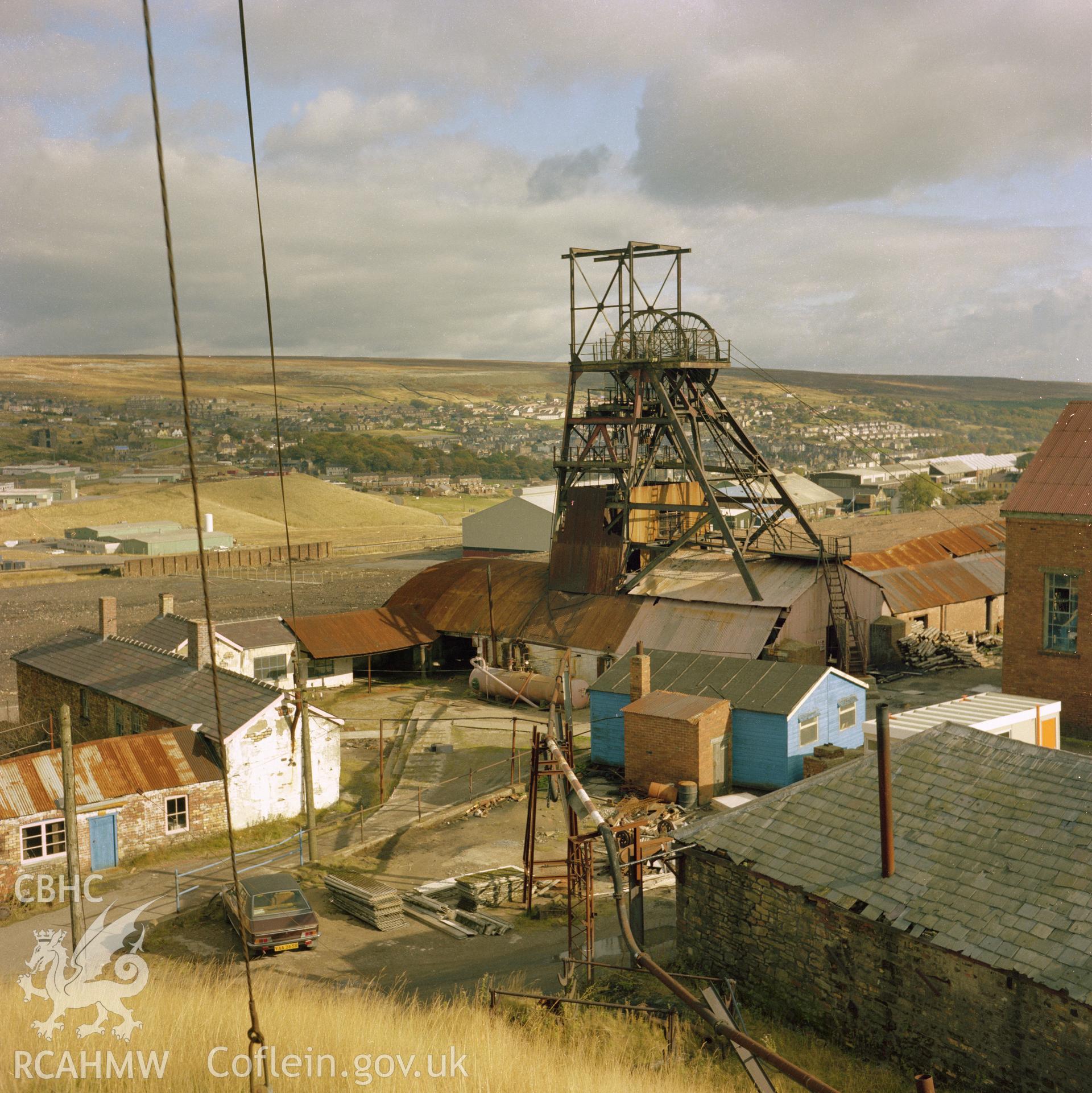 Digital copy of an acetate negative showing view looking down on the pit head (pre museum) at Big Pit, from the John Cornwell Collection.