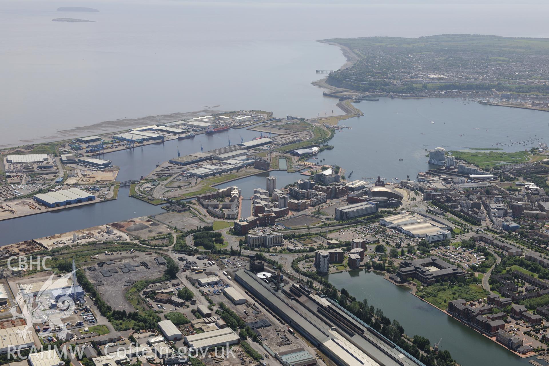 Red Dragon Centre; South Glamorgan County Hall & Bute East, Queen Alexandra & Roath Docks, Cardiff Bay. Oblique aerial photograph taken during Royal Commission's programme of archaeological aerial reconnaissance by Toby Driver on 29/06/2015.