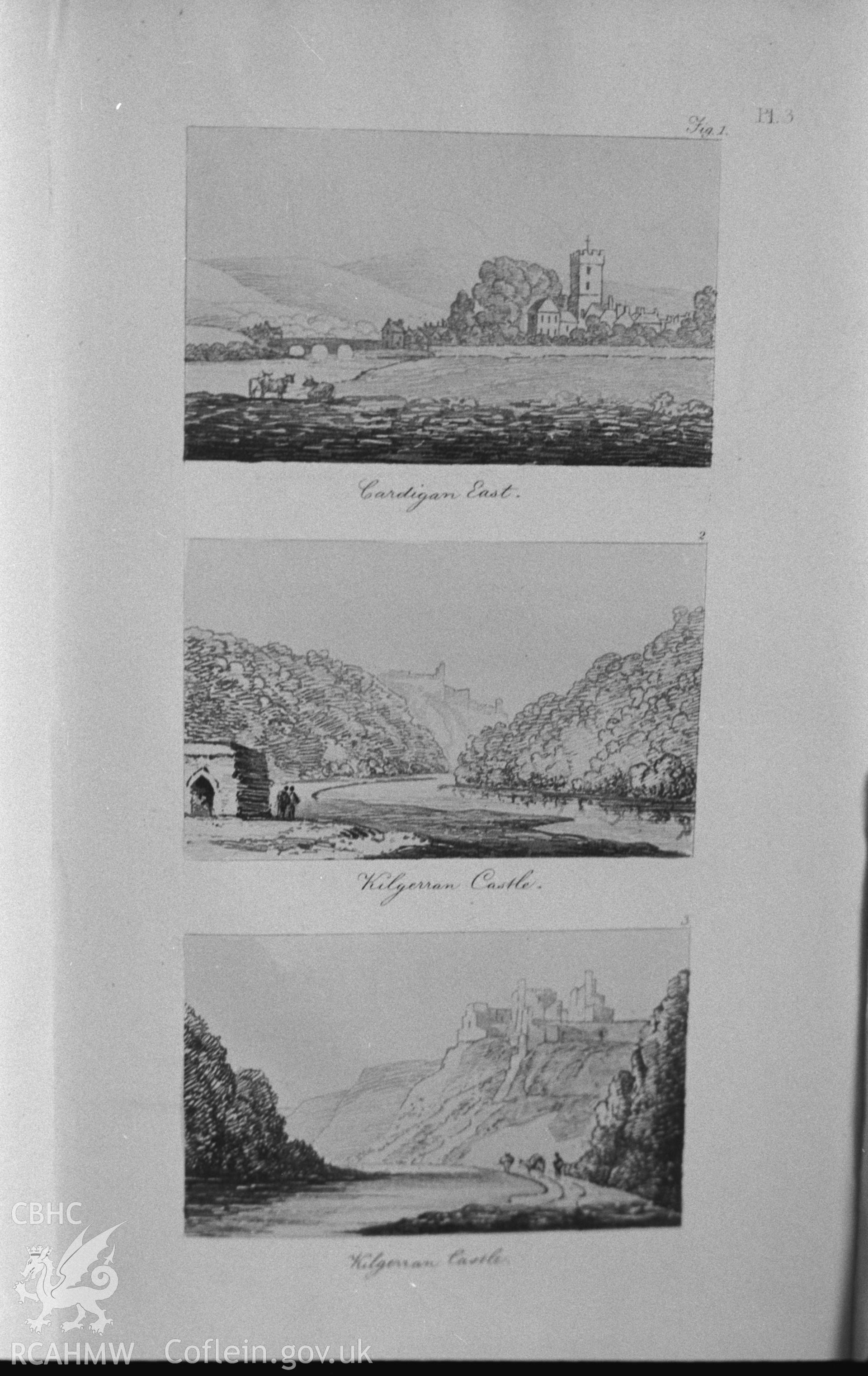 Black and white copy of page 3 engravings entitled: 'Cardigan East' and 'Kilgerran Castle.' Photographed by Arthur O. Chater in January 1968 for his own private research.