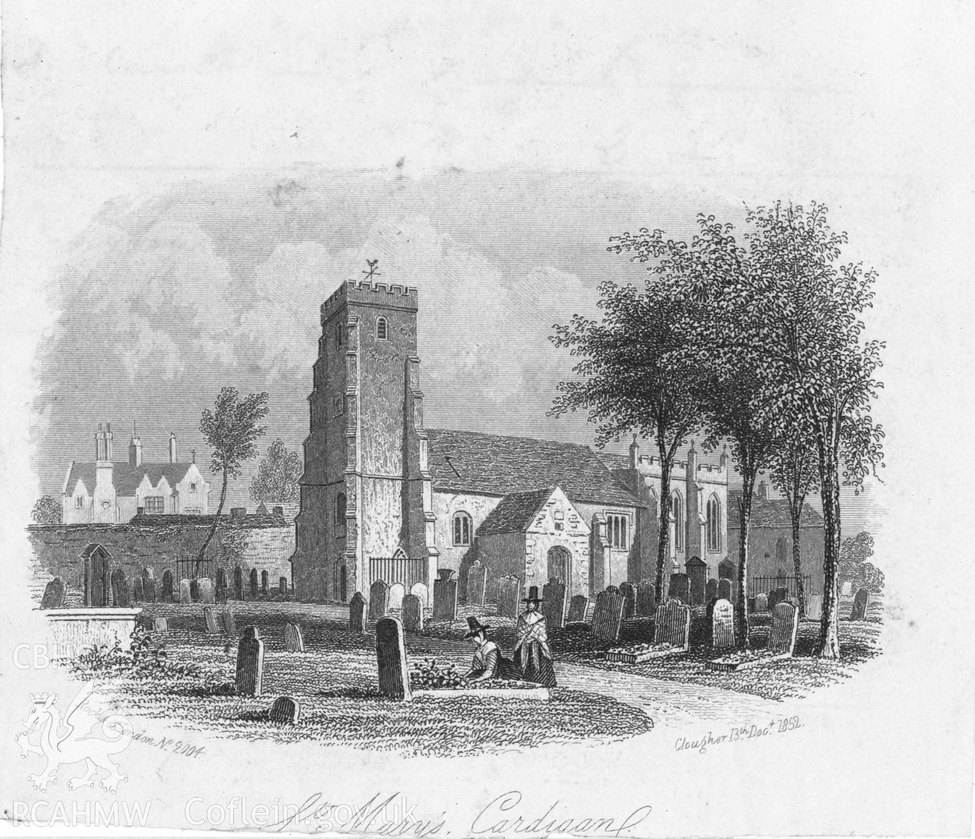 Digital copy of a black and white etching of St Mary's Church, Cardigan.
