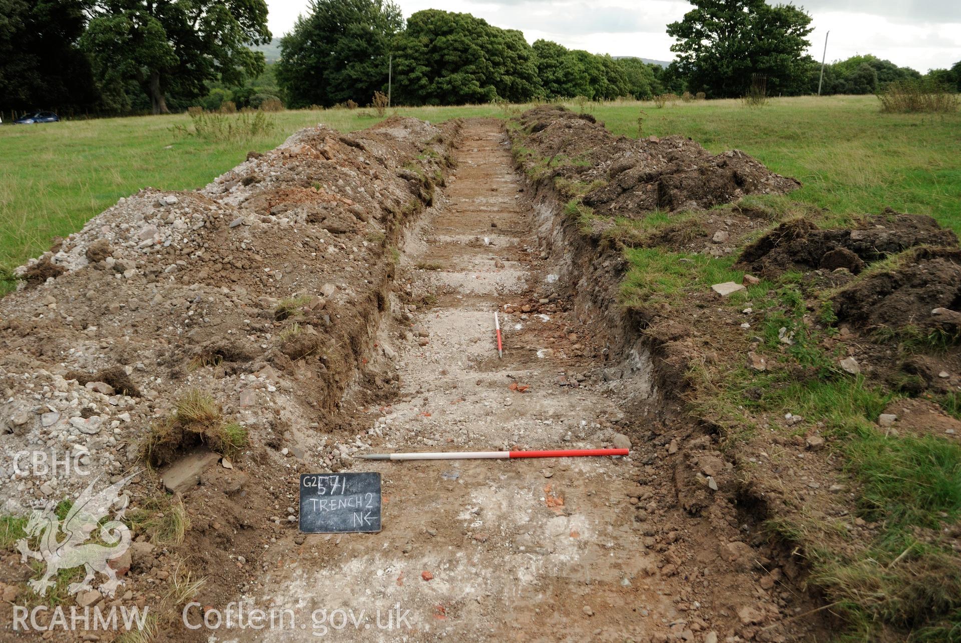 View from the west of Trench 2, post excavation. Photographed during archaeological evaluation of Kinmel Park, Abergele, conducted by Gwynedd Archaeological Trust on 24th August 2018. Project no. 2571.