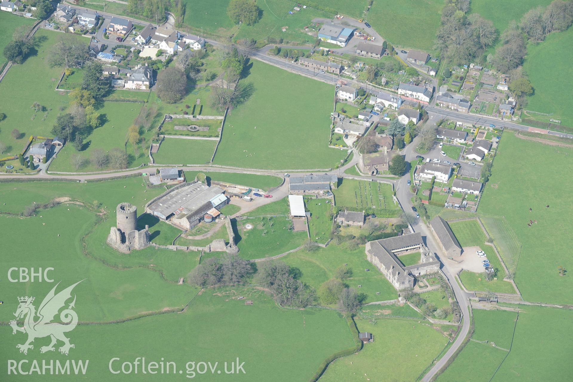 Tretower village, Tretower house and gardens, Tretower court and gardens; Tretower castle, St John's Church, Ty Llys farm and Tretower Shrunken settlement. Oblique aerial photograph taken during the Royal Commission's programme of archaeological aerial reconnaissance by Toby Driver on 21st April 2015