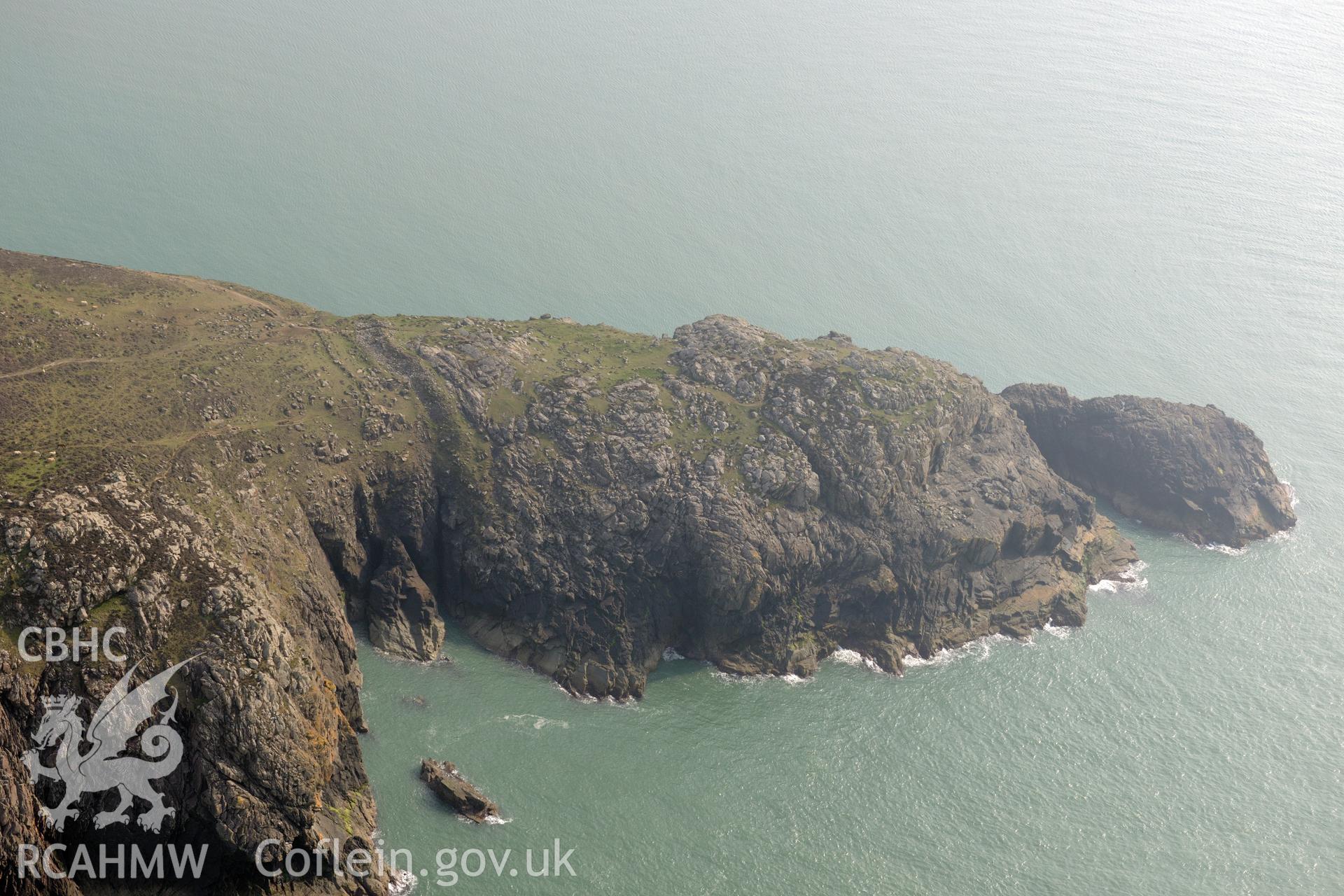 Aerial photography of St Davids Head camp taken on 27th March 2017. Baseline aerial reconnaissance survey for the CHERISH Project. ? Crown: CHERISH PROJECT 2019. Produced with EU funds through the Ireland Wales Co-operation Programme 2014-2020. All material made freely available through the Open Government Licence.
