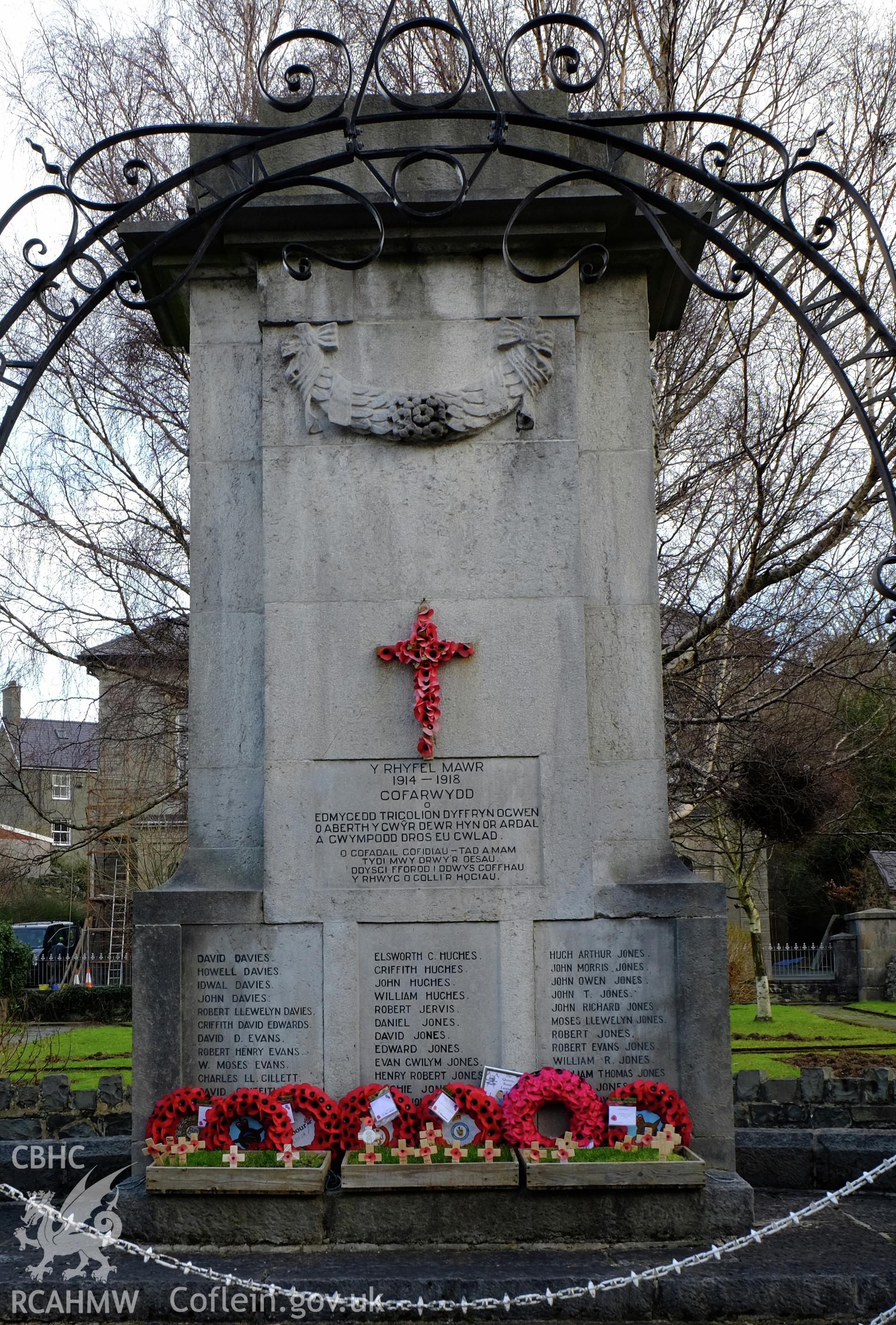 Colour photograph showing a view of Bethesda War Memorial, looking north from the high street, produced by Richard Hayman 16th February 2017