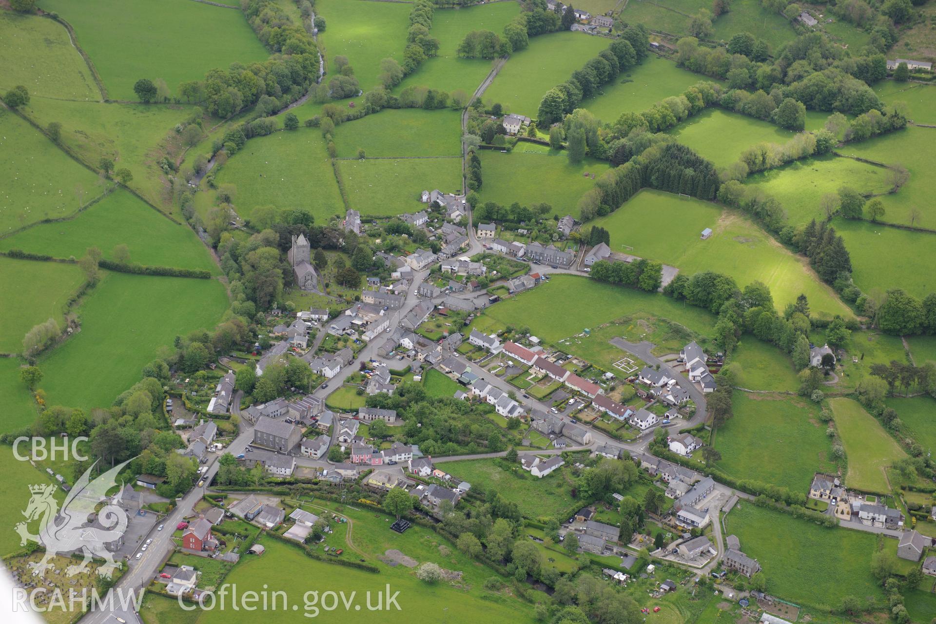 St. David's Church, Llanddewi Brefi. Oblique aerial photograph taken during the Royal Commission's programme of archaeological aerial reconnaissance by Toby Driver on 3rd June 2015.