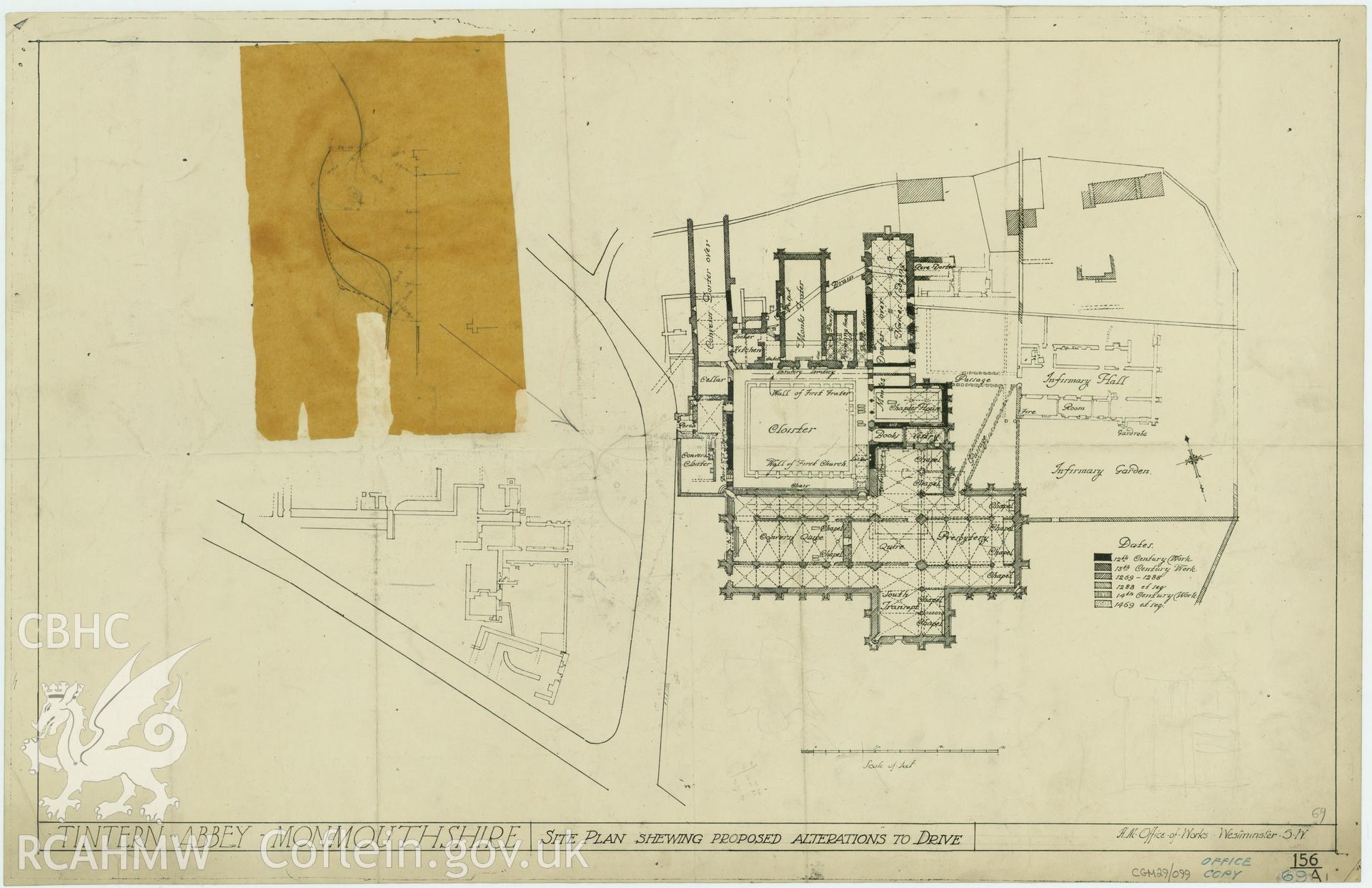 Digital copy of Cadw guardianship monument drawing of Tintern Abbey, plan of proposed alterations to drive, undated.