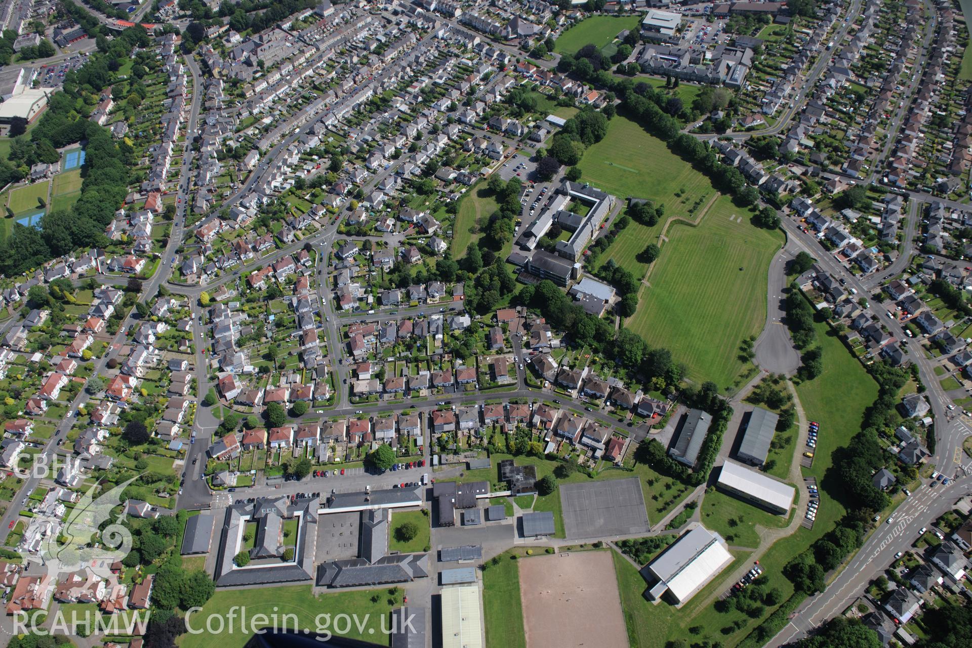 Brynteg Comprehensive school, Bridgend. Oblique aerial photograph taken during the Royal Commission's programme of archaeological aerial reconnaissance by Toby Driver on 19th June 2015.
