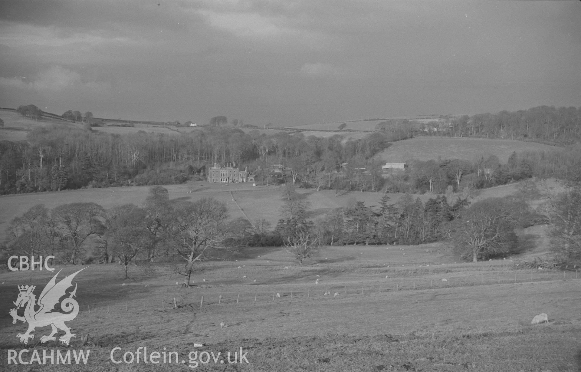 Digital copy of a black and white negative showing panorama of Nanteos estate from the New Cross Road. Photographed by Arthur O. Chater in January 1968. (Looking north from Grid Reference SN 620 779) [Photo 3 of 5].