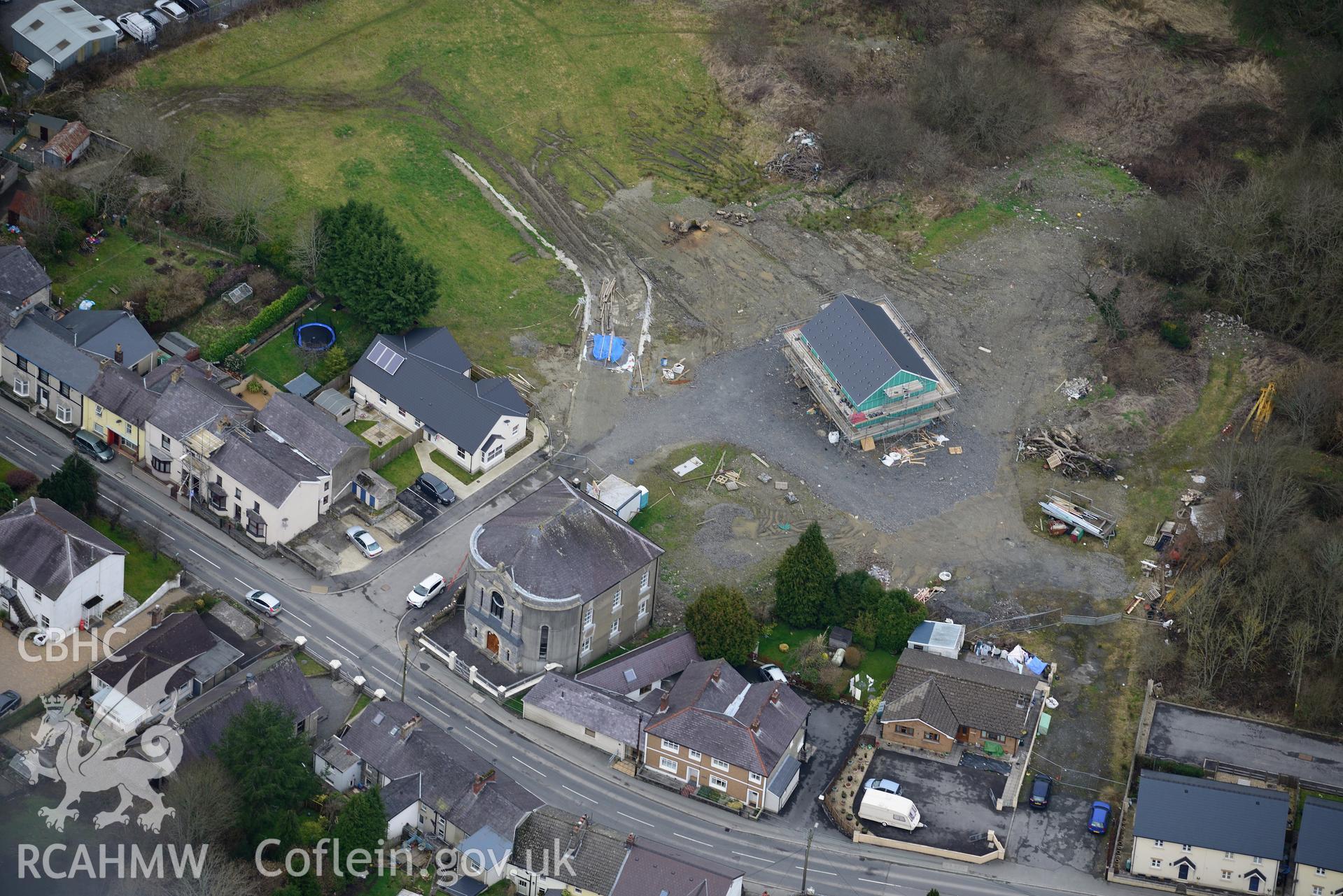 Ebeneser Independent Chapel, Newcastle Emlyn. Oblique aerial photograph taken during the Royal Commission's programme of archaeological aerial reconnaissance by Toby Driver on 13th March 2015.